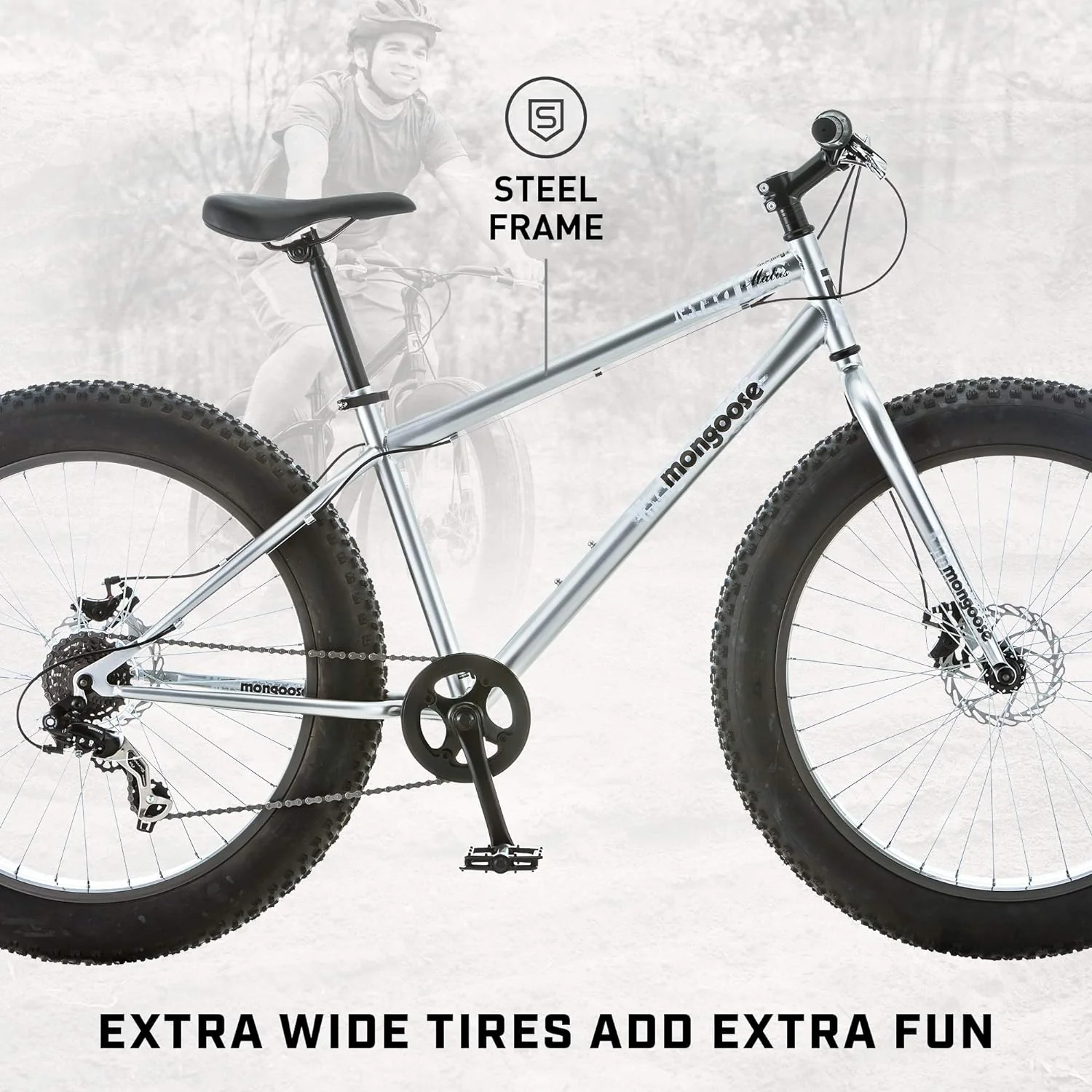 Mongoose Malus Mens and Women Fat Tire Mountain Bike, 26-Inch Bicycle Wheels, 4-Inch Wide Knobby Tires, Steel Frame, 7 Speed Drivetrain, Shimano Rear Derailleur, Disc Brakes