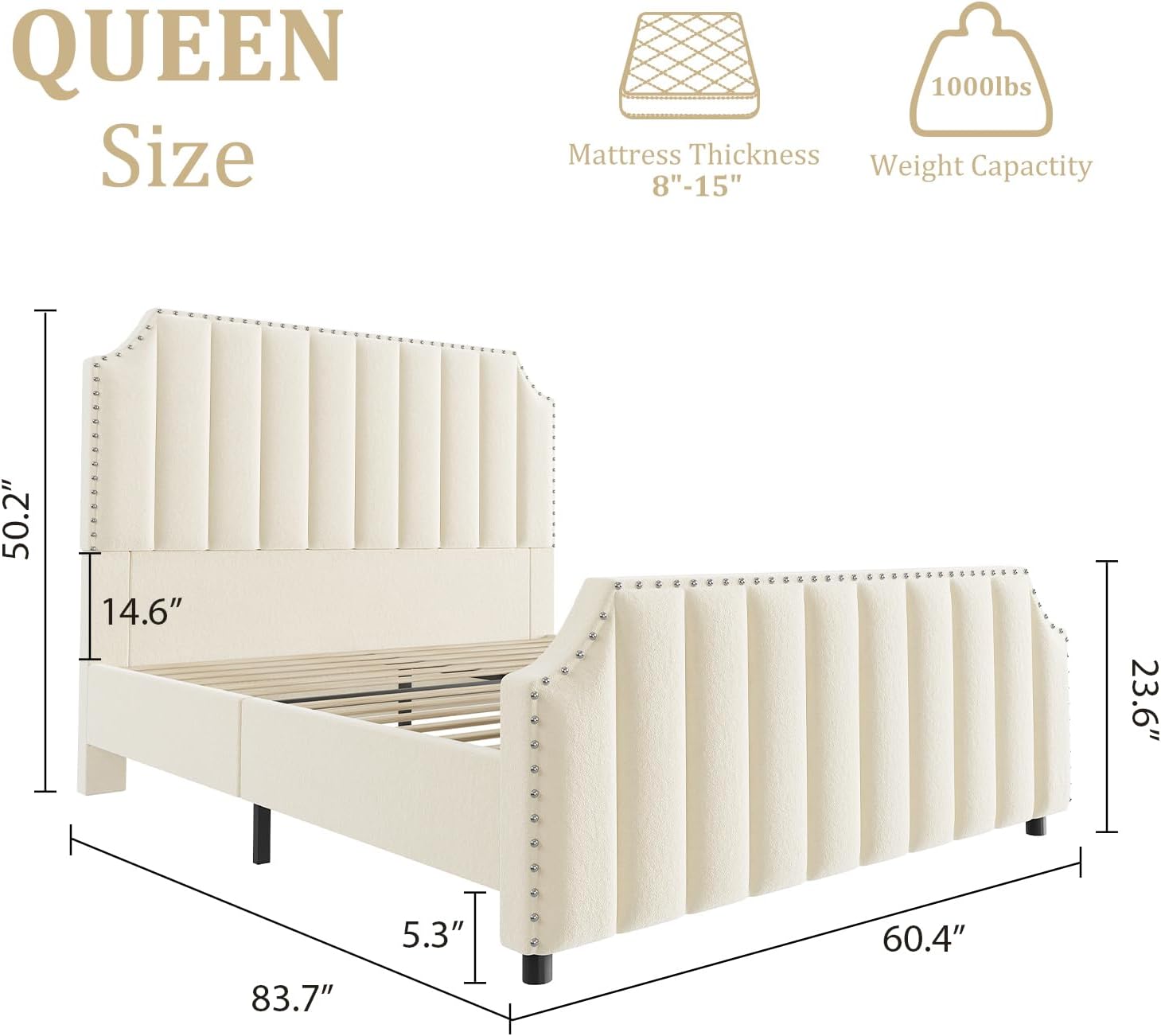 GarveeHome Queen Size Velvet Bed Frame, 50.2 in Tall Headboard & Footboard, Upholstered Platform Queen Bed Frame with Nailhead Trim, No Box Spring Needed, Noise Free, Solid Wooden Slats, Beige