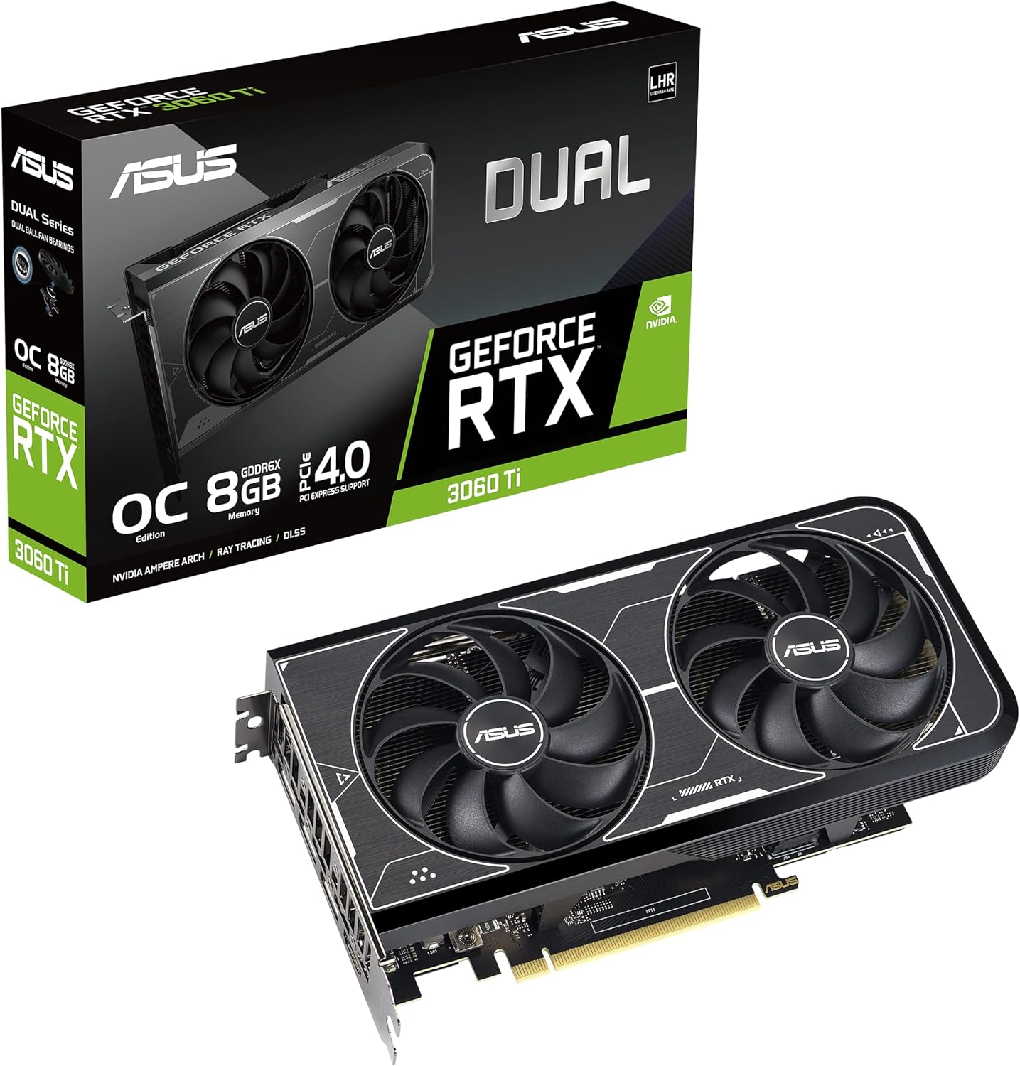 ASUS Dual NVIDIA GeForce RTX 3060 Ti OC Edition Graphics Card (PCIe 4.0, 8GB GDDR6X Memory, HDMI 2.1, DisplayPort 1.4a, 2-Slot Design, Axial-tech Fan Design, 0dB Technology, and More) (Renewed)