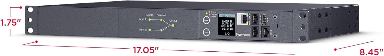 CyberPower PDU44001 Switched ATS PDU, 100-120V, 15A (Derated to 12A), 10 Outlets, 1U Rackmount
