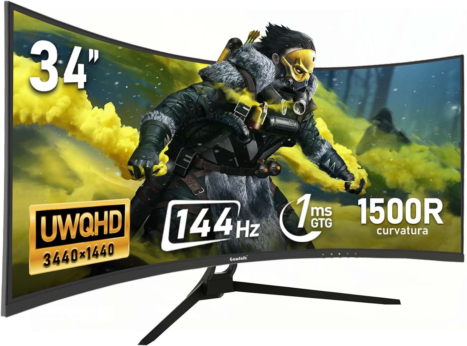 Gawfolk 34 Inch Ultrawide Curved 144Hz Gaming Computer Monitor 1500R PC Screen,21:9 UWQHD (3440x1440),Adaptive Sync,178° Viewing Angle,Display Port、HDMI2.0,Compatible with wall mounting - Black