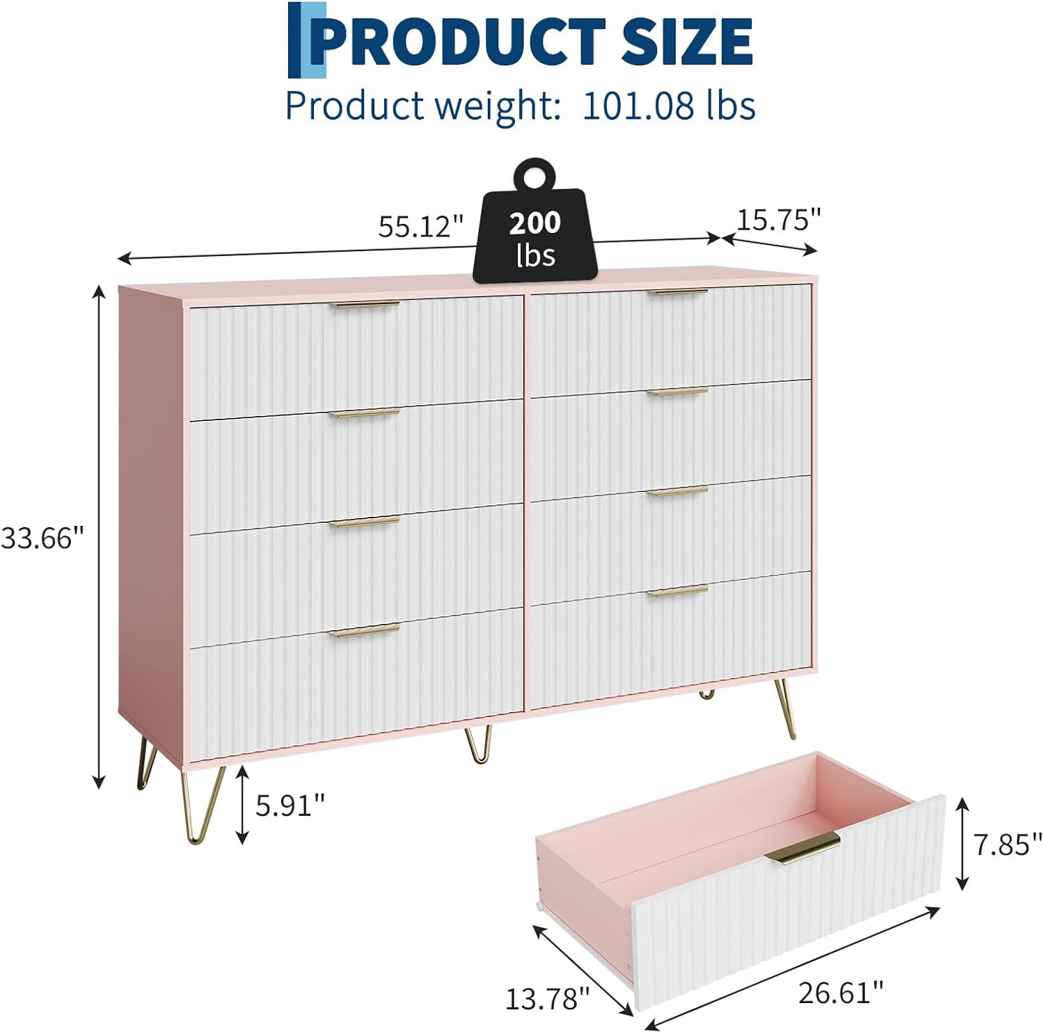 Garvee Fluted Dresser for Bedroom with 8 Drawers,55