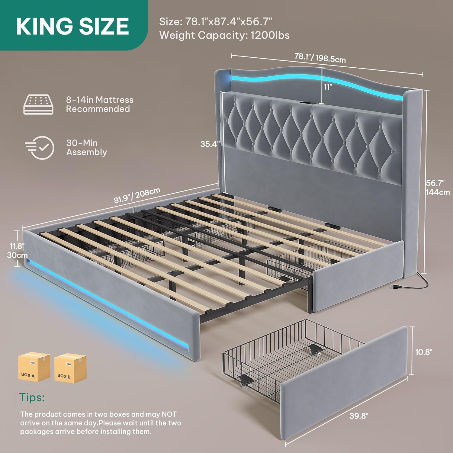 YITAHOME King Size Bed Frame with 4 Storage Drawers and RGB LED Lights, 57'' Tall Headboard Velvet Upholstered Bed with Charging Station, No Box Spring Needed, Easy Assembly, Noise-Free, Dark Grey