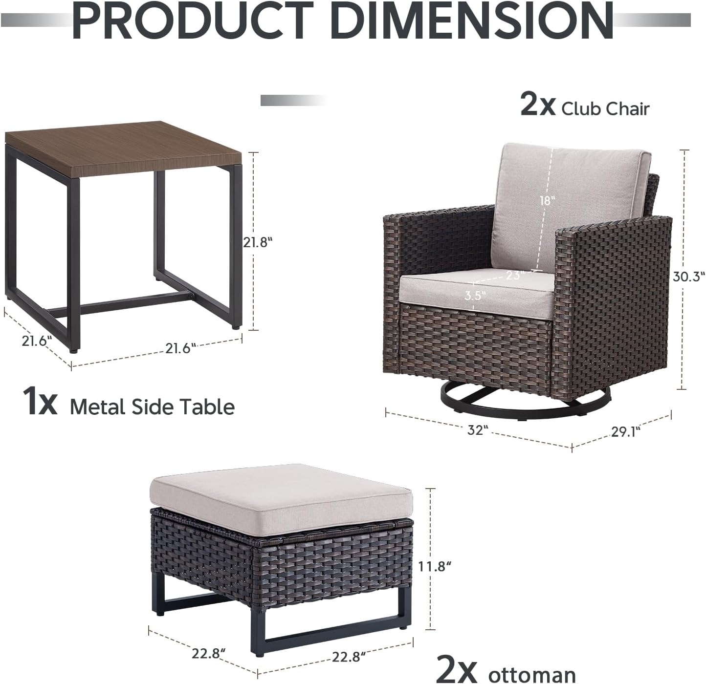 Outdoor Swivel Rocker Chairs - 5 Piece Patio Bistro Set Wicker Patio Rocking Chairs Set with Side Table and Ottomans, 360° Swivel Glider Proch Furniture for Balcony Deck - Brown/Beige
