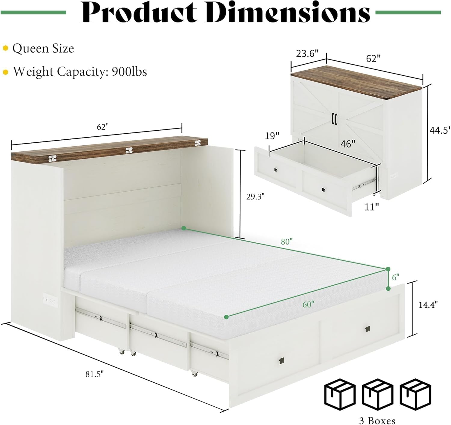 LUXOAK Queen Murphy Bed with 6