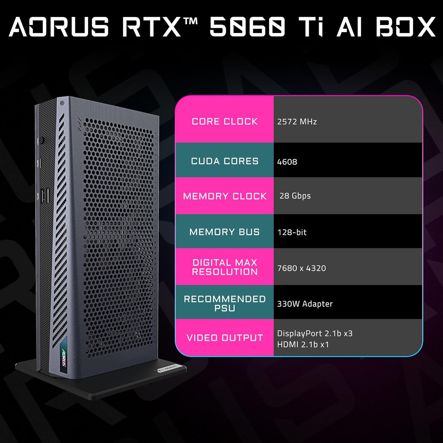 GIGABYTE AORUS RTX 5060 Ti AI Box Graphics Card (16GB GDDR7, 128-bit, PCIe 5.0, HDMI/DP 2.1b, Hawk Fan, Server-Grade Thermal Gel, Thunderbolt 5™)