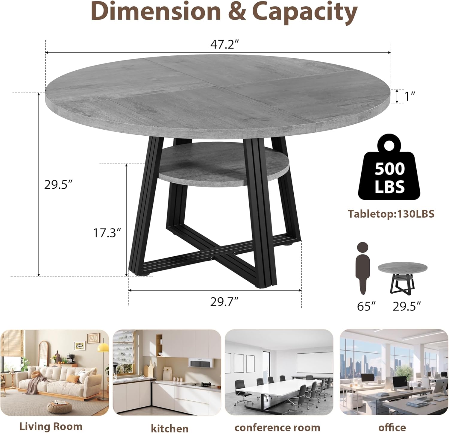 GarveeHome 47 Inch Round Dining Table for 4-6, Farmhouse Pedestal Kitchen Table with Storage Shelf, Space-Saving Circle, for Kitchen, Dining Room, Living Room, Apartment, Table Only- Grey
