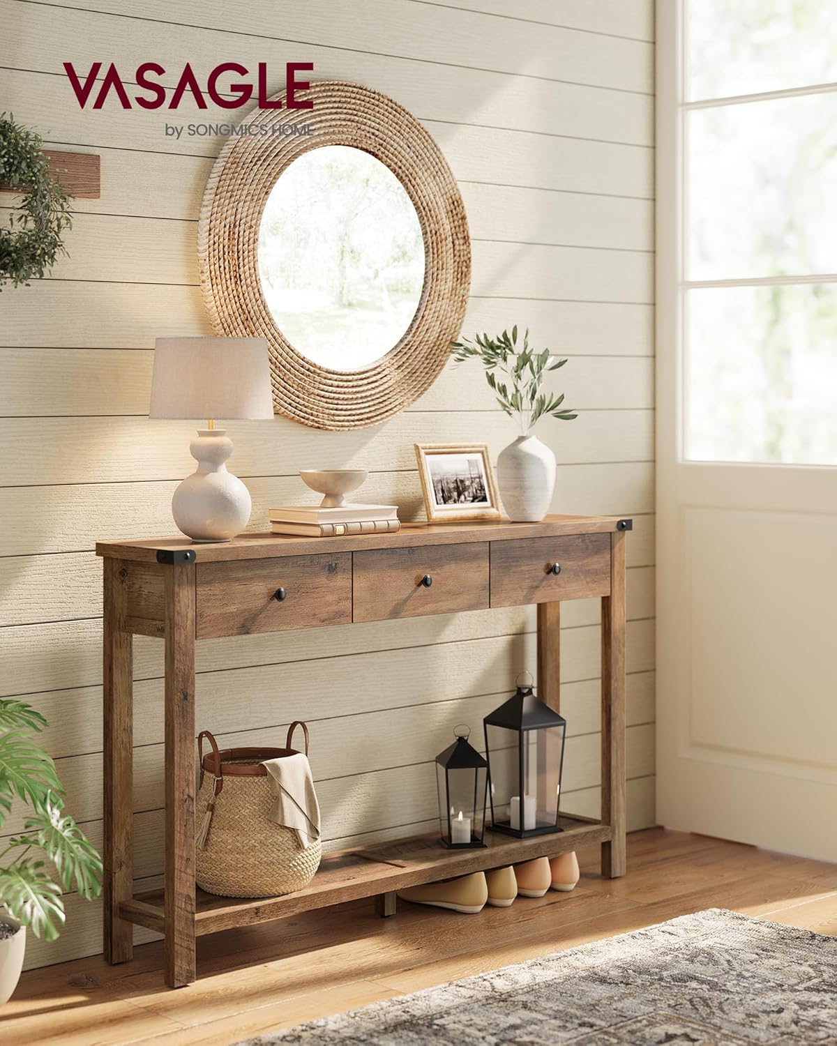 VASAGLE LIRY Collection - Console Table with 3 Drawers and Open Storage Shelf, Narrow Entryway Sofa Table for Living Room, Farmhouse Style, Metal Corners, Honey Brown ULNT142KB02S