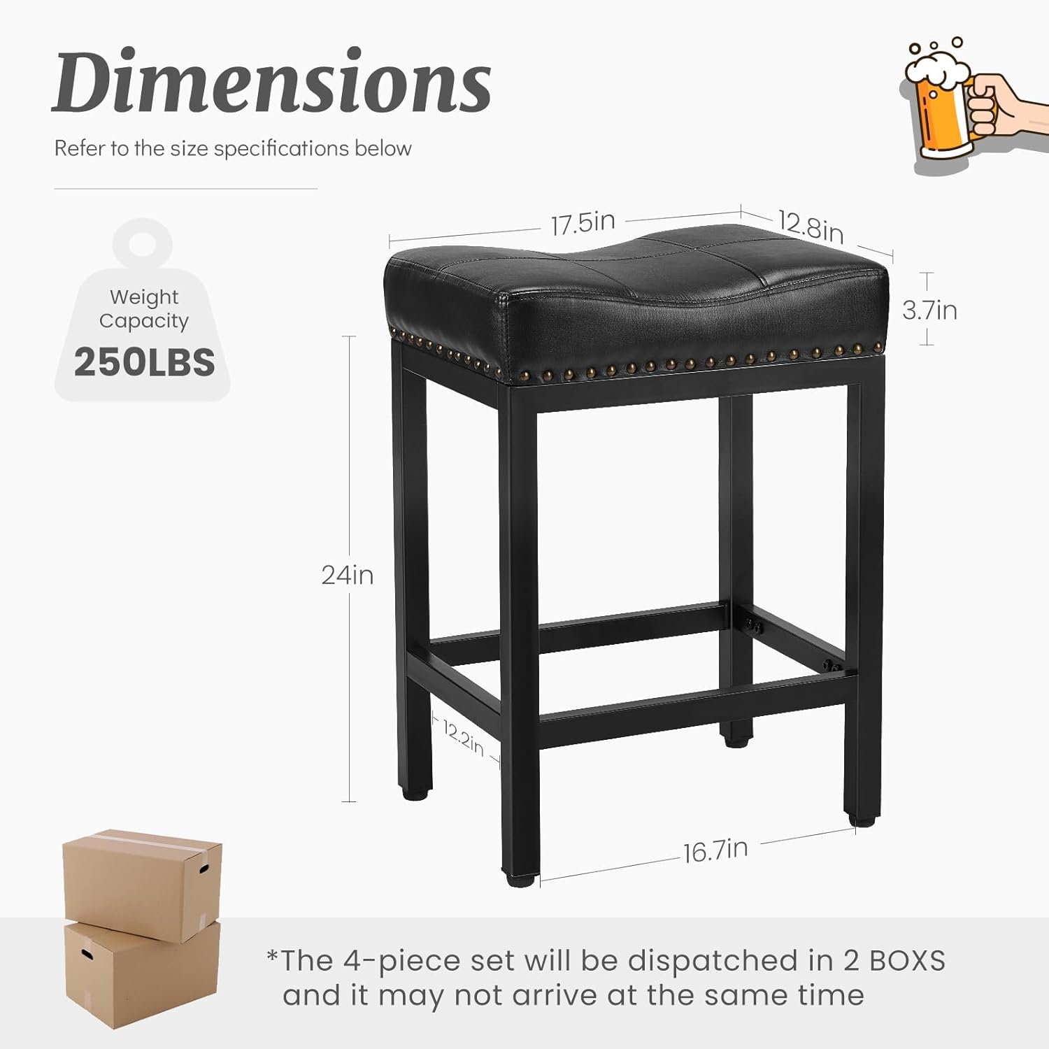 DUMOS Saddle Bar Stools Set of 4, 24 Inch Counter Height Stools with Curved PU Leather Surface, 3.7