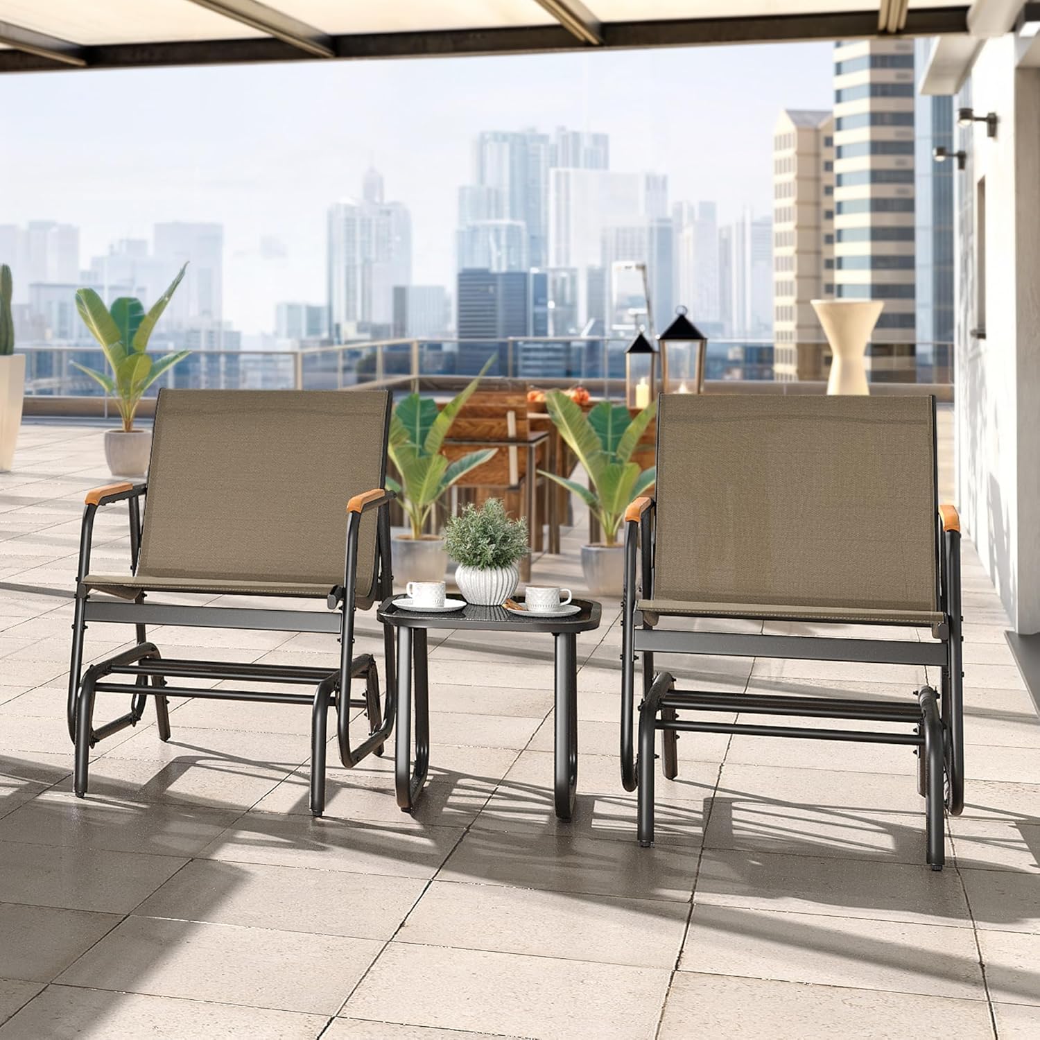YITAHOME 3 Piece Patio Furniture Set, Outdoor Glider Chair Bistro Set, Coffee Table with Tempered Glass Tabletop, Patio Textilene Chairs Set of 2 for Backyard, Lawn, Garden, Balcony and Porch, Brown
