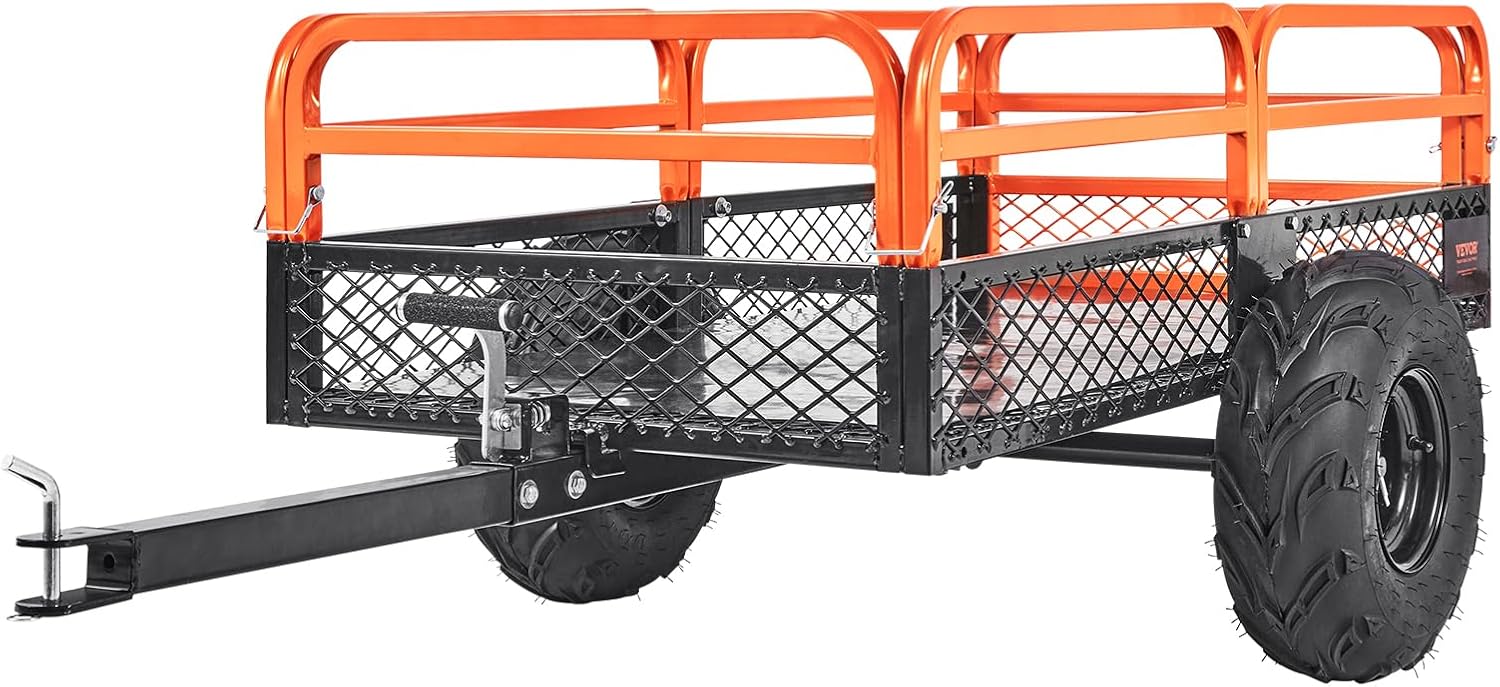 VEVOR ATV UTV Trailer Tow Behind Dump Cart, 1500lbs 15 Cubic Feet, Heavy Duty Yard Garden Trailer Pull Behind Dump Trailer for Lawn Mower Tractor