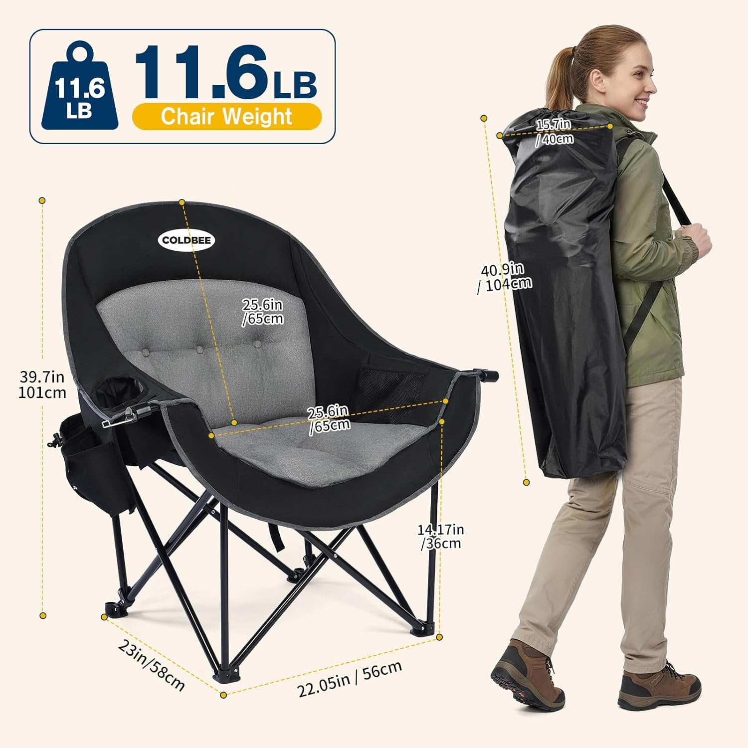 Coldbee Oversized Camping Chairs for Adults - Heavy Duty Padded Folding Lawn Chairs with Cup Holders & Cooler Bag, Comfy Outdoor Chair for Picnic, Beach, Fishing (Black)