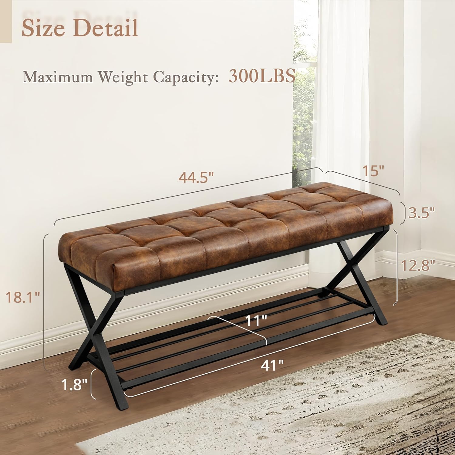 LUE BONA 44.5” End of Bed Bench with Shelf, Linen Tufted Upholstered Storage Shoe Bench, Modern Bedroom Bench with Metal Legs for Living Room, Entryway, Dining Room, 300 LB, Yellowish Brown