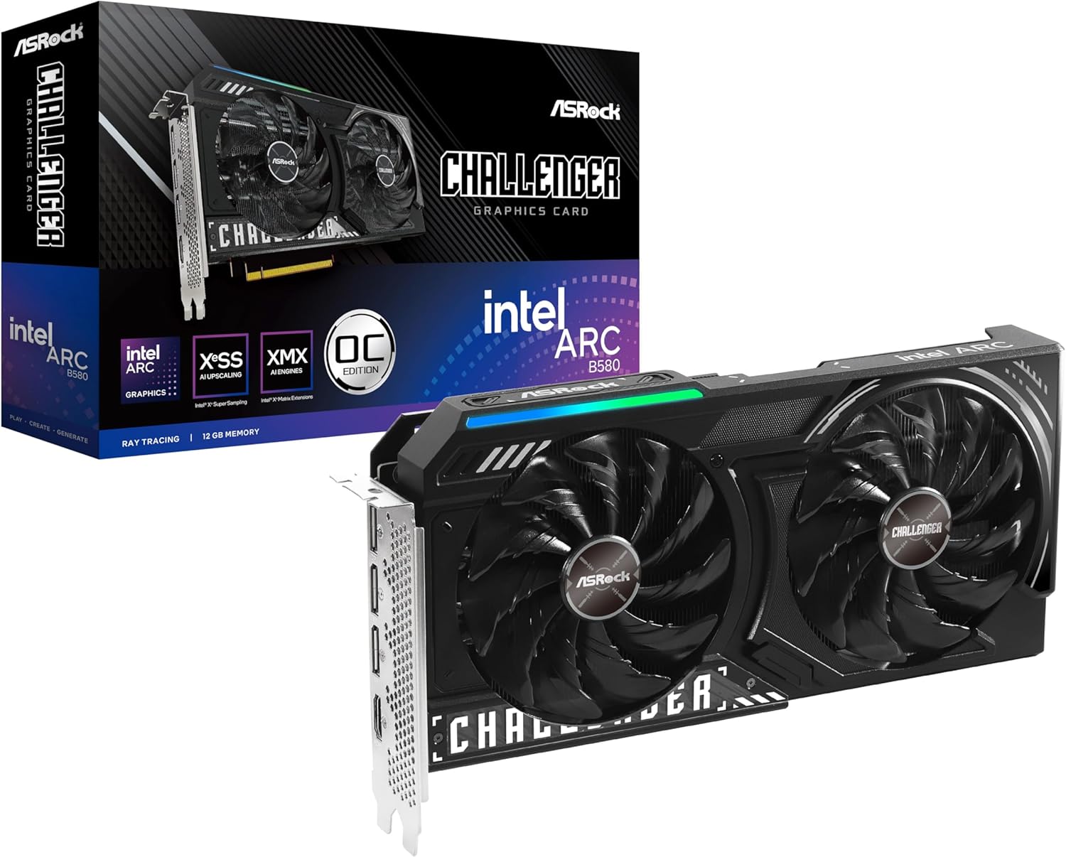 ASRock Intel Arc B580 Challenger 12GB OC Graphics Card, Intel Xe2-HPG, 12GB GDDR6, PCIe 4.0, Dual Fans, 0dB Silent, LED Indicator, DisplayPort 2.1, HDMI 2.1a