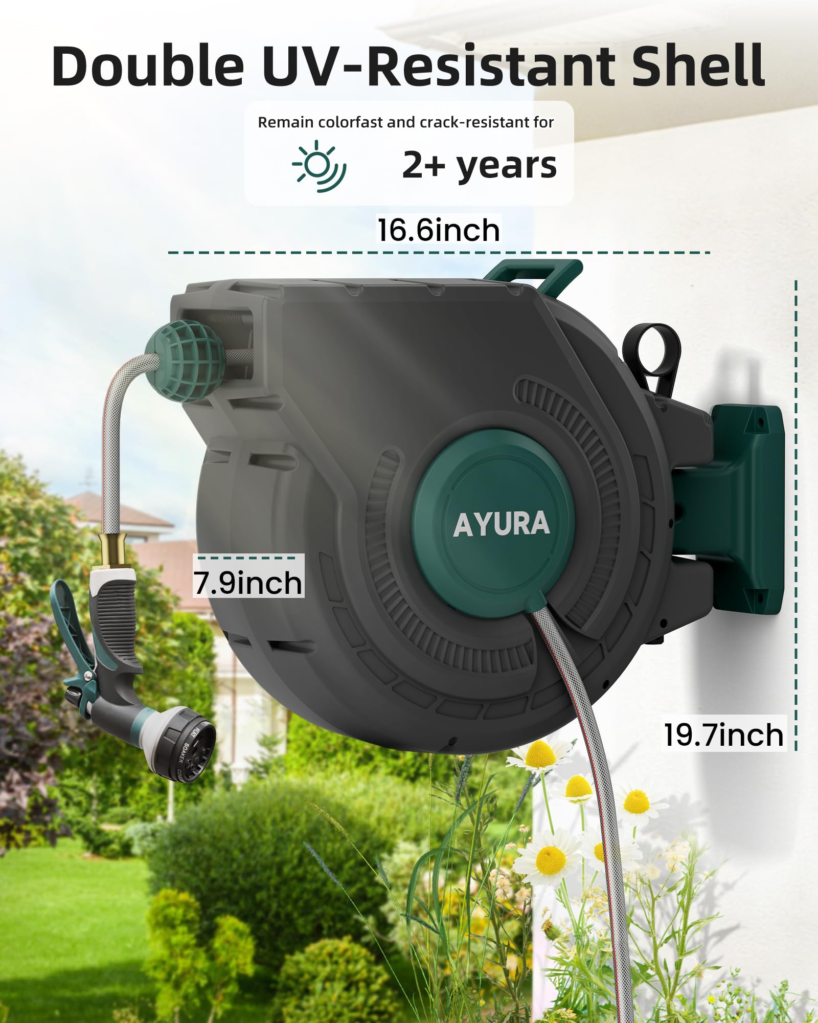 AYURA Retractable Garden Hose Reel 100ft - Heavy Duty