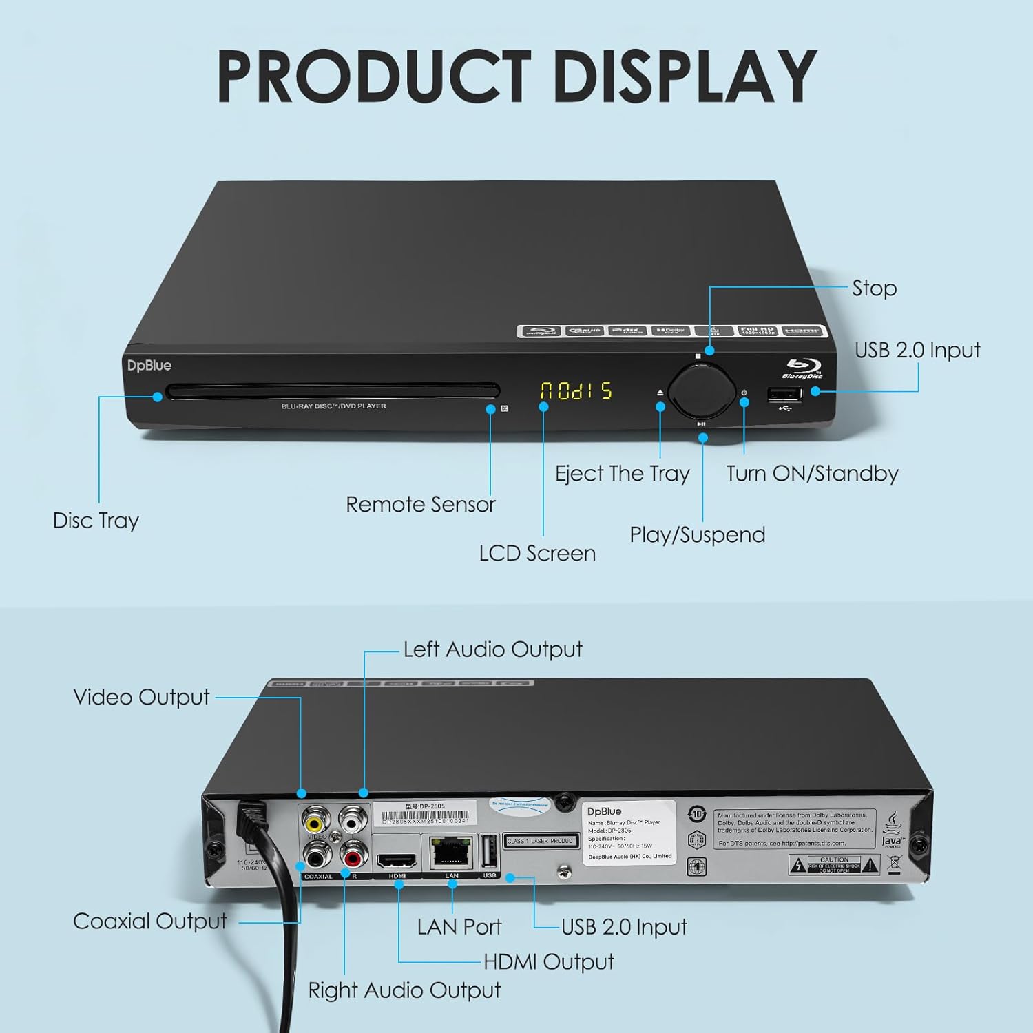 BLU RAY Player,1080P Full HD Blu-ray DVD Player for TV/Projector Home Theater Blu Ray Discs Player Support Region A/1 Blu-ray Discs,CD DVDs VCD,U Disk HDD Playback HDMI/AV/Coaxial Output