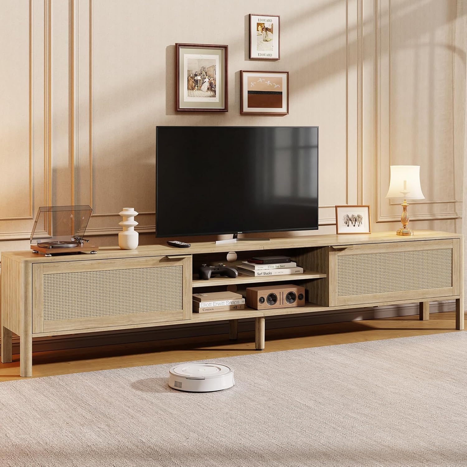 IKALIFE Rattan TV Stand for Living Room - Fits up to 80 Inch TVs, Rattan Media Console Table with Adjustable Shelves & 2 Storage Cabinets, Mid-Century Modern Entertainment Center, Oak 71