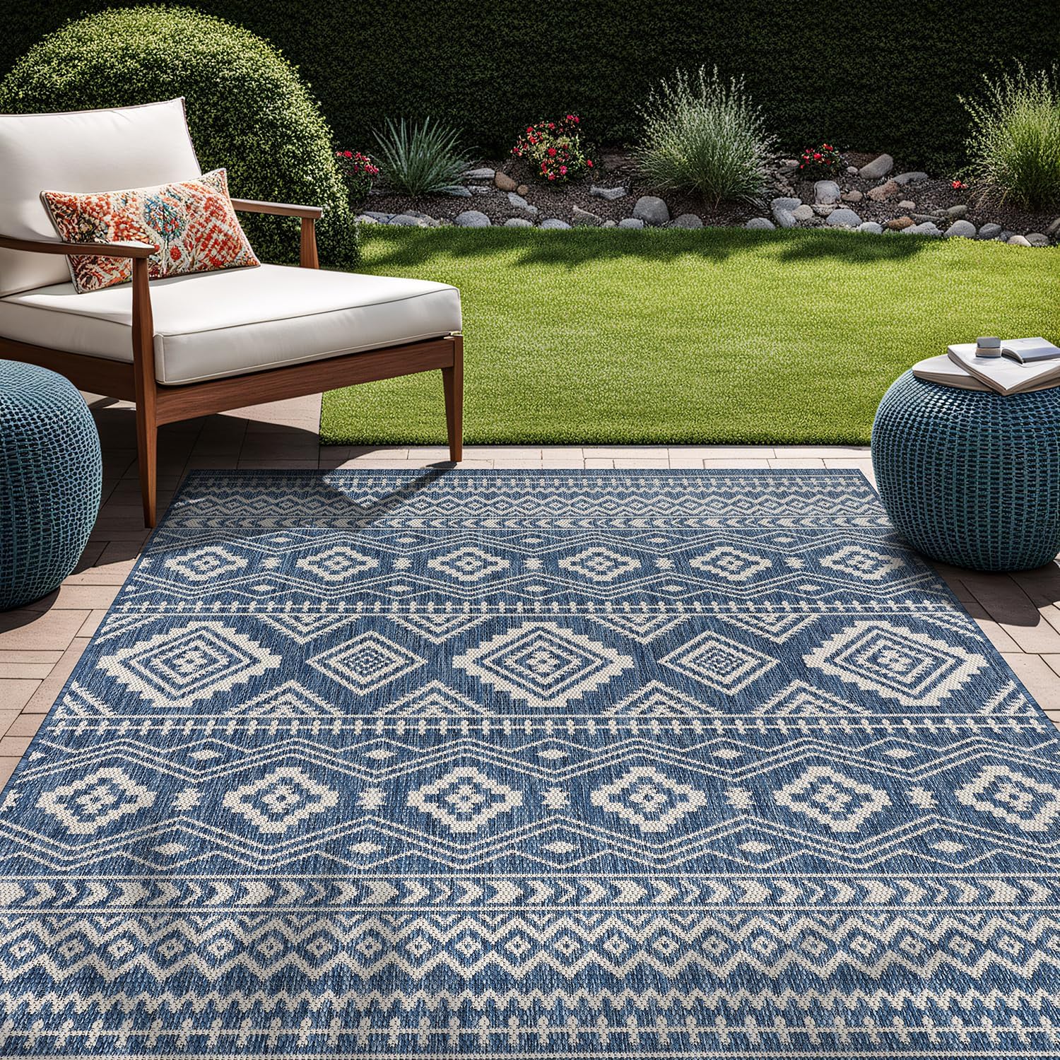 Beverly Rug Waikiki Boho Indoor Outdoor Rug 9x12, Washable Outside Carpet for Patio, Deck, Porch, Bohemian Area Rug, Farmhouse Rugs, Aztec Tribal Rug, Azure and White