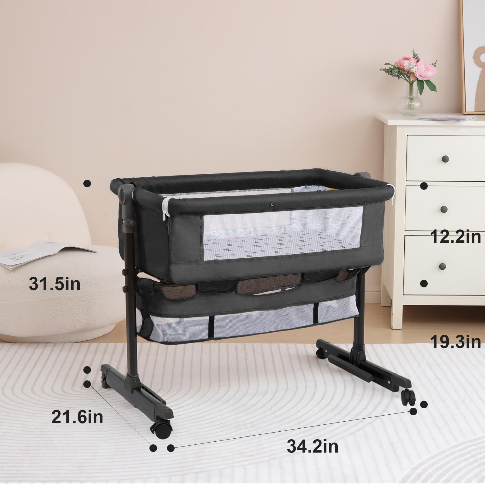 YADAQE Baby Cradle 3-in-1 Convertible Bassinet with Wheels