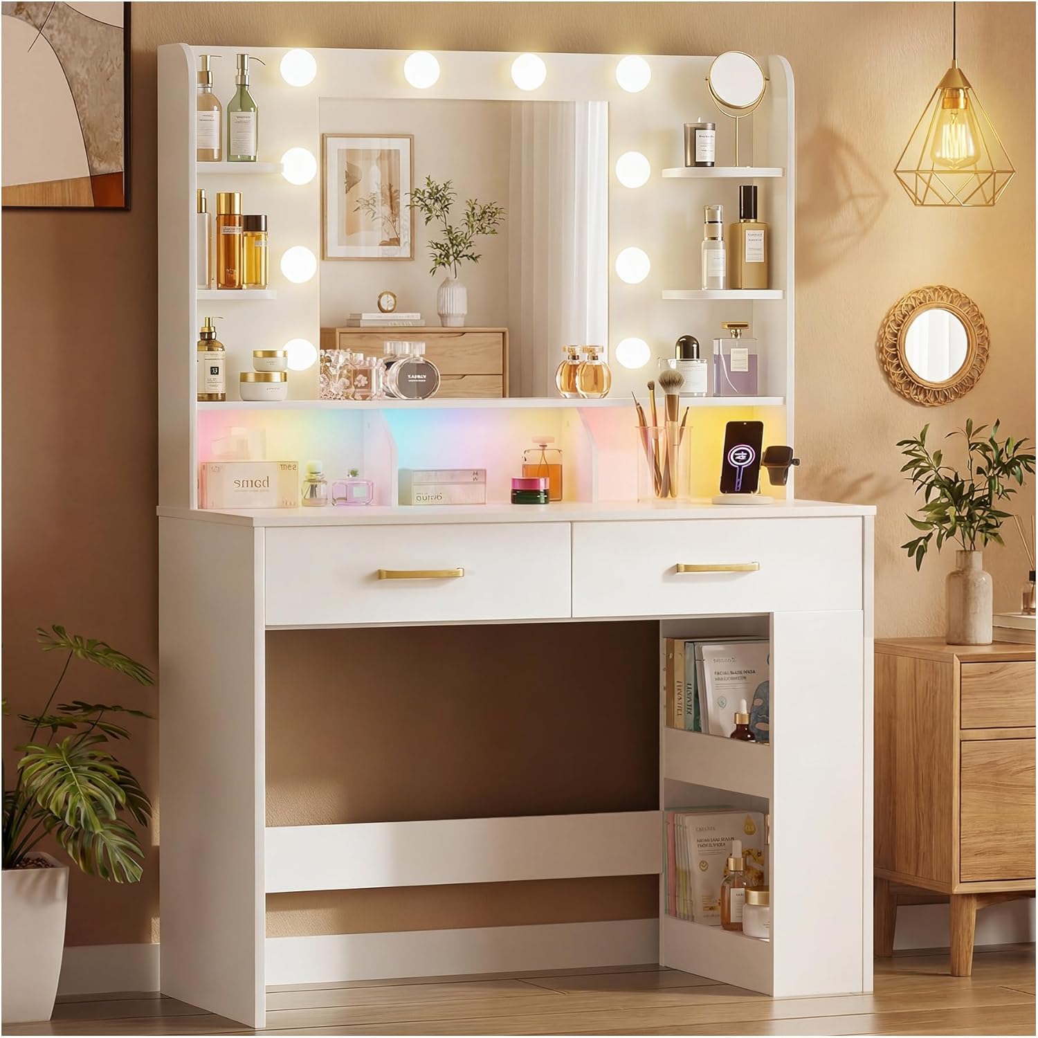 LUCKRACER Vanity Desk with LED Lights Mirror & Charging Station, Makeup Vanity with Storage Drawers and Shelves, Modern Dressing Table for Women Girls Bedroom, Ivory White