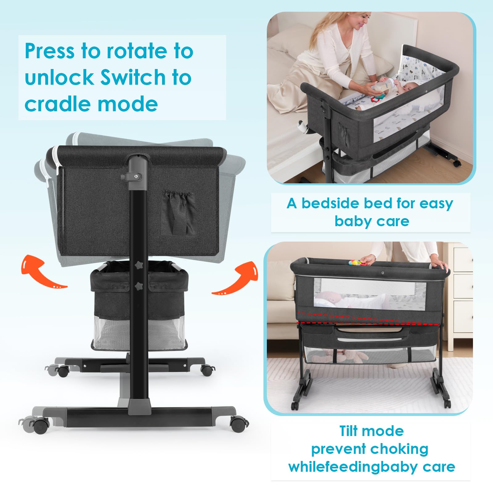 YADAQE Baby Cradle 3-in-1 Convertible Bassinet with Wheels