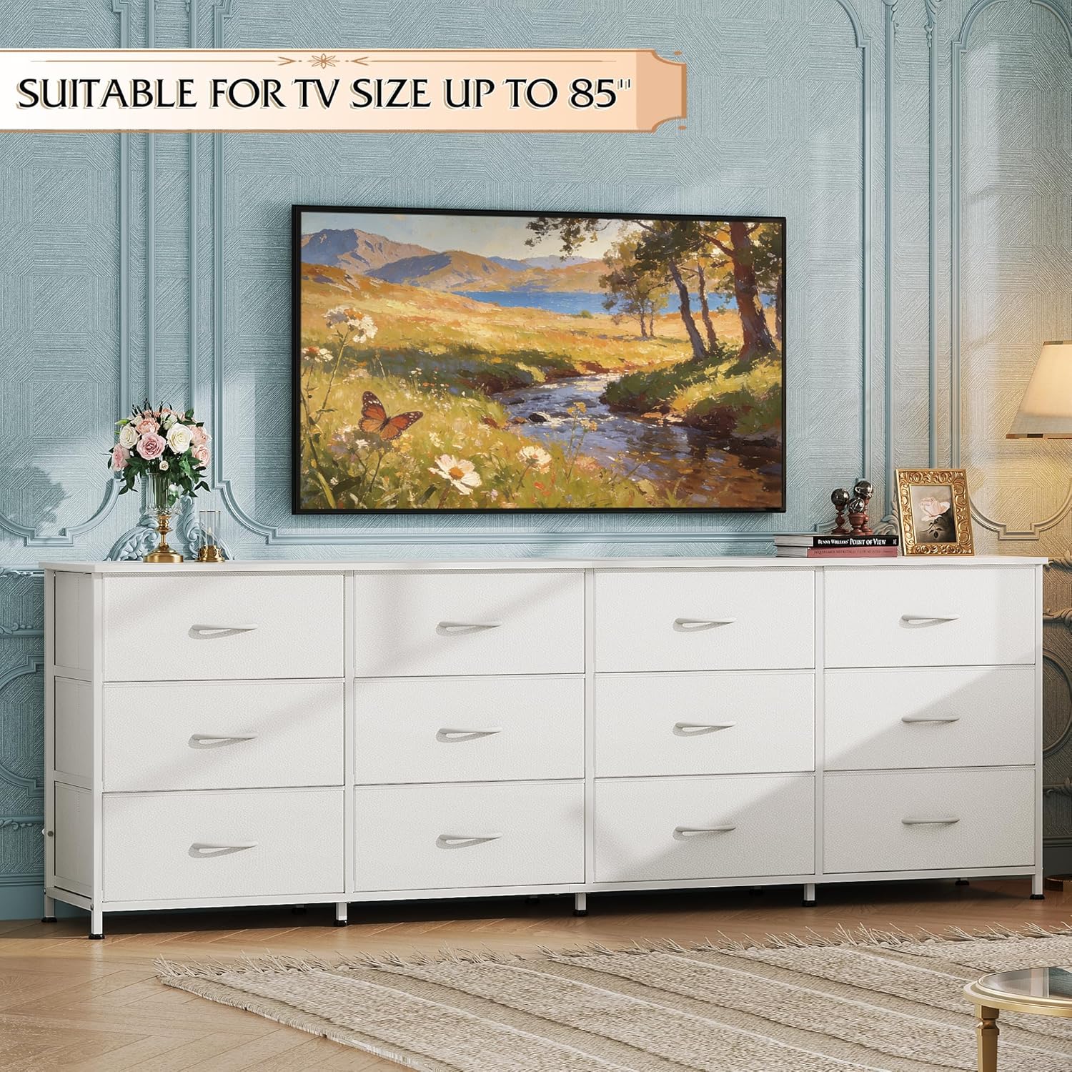 WLIVE 75.5'' White Dresser for Bedroom, TV Stand for 85, 80, 75, 65 Inch TV, 12 Drawer Long Fabric Dresser with Wood Top, Wide Entertainment Center Storage Chest for Living Room, Closet