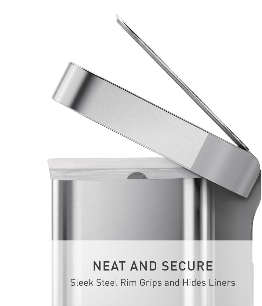 simplehuman Rectangular Step Can, 45L / 12 Gallon Kitchen Trash Can, Liner Rim System, Liner Pocket®, 150,000-Step Pedal, Lid Shox® Silent Close, Brushed Stainless Steel with Grey Plastic Lid
