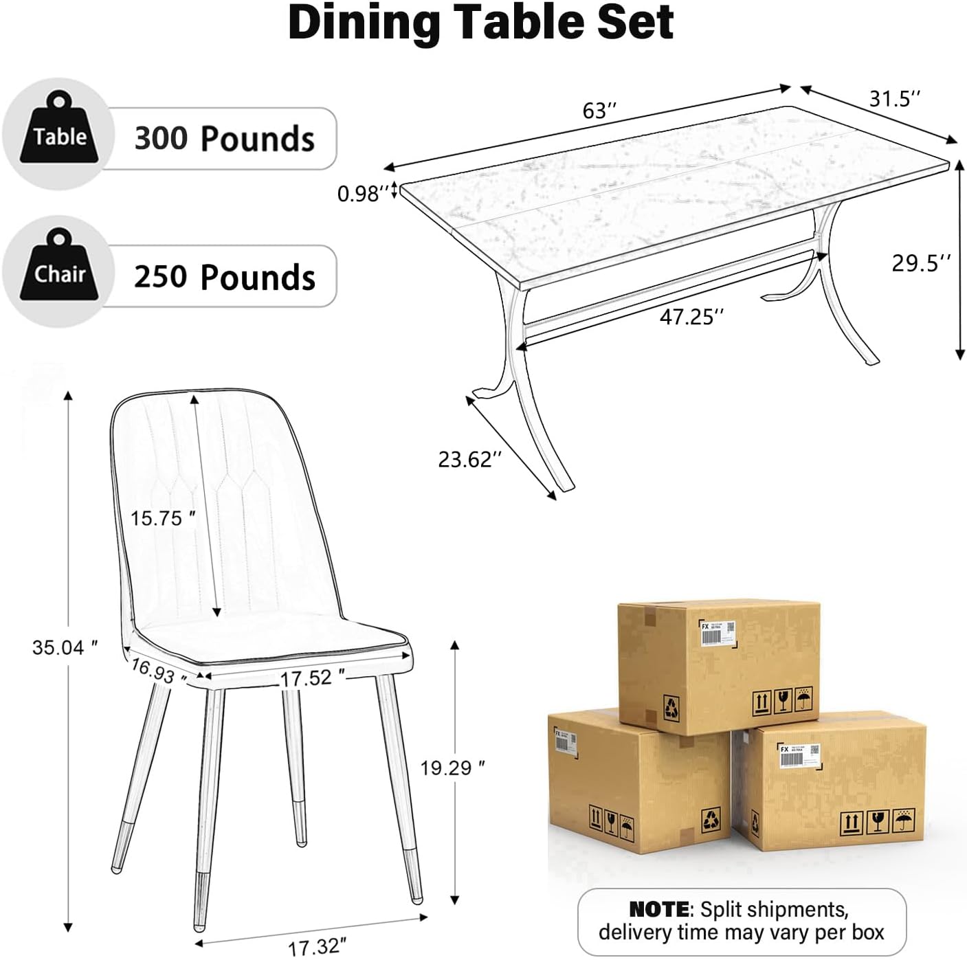 63'' Modern Dining Table Set for 4, Black Kitchen Table Set with Faux Marble Tabletop and Geometric Metal Legs, Dining Room Table Set with 4 Black Upholstered Chairs, 5-Piece Dining Furniture