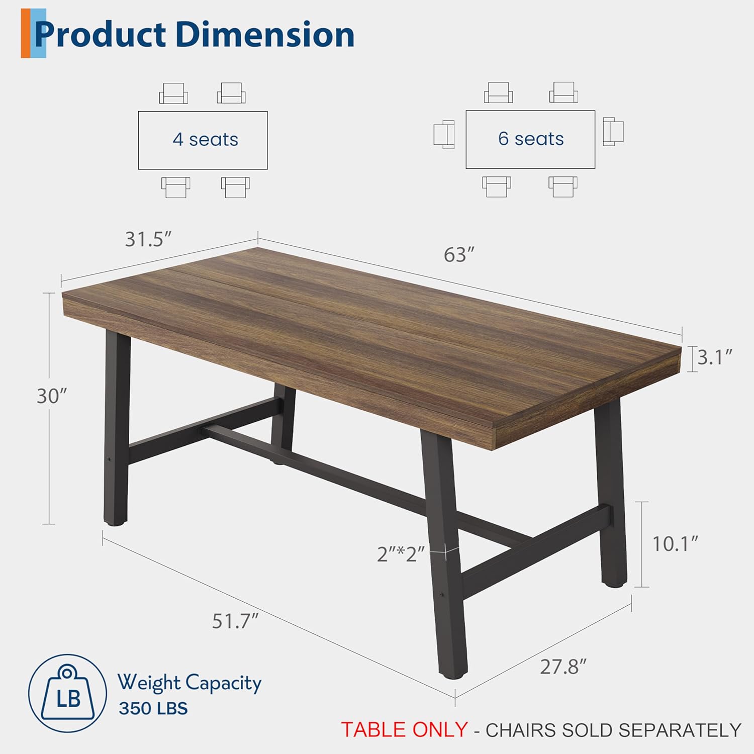 GarveeHome Industrial Dining Table for 4-6 People, 63 in Long Wooden Kitchen Table with Sturdy Metal Frame & Rustic Finish - Seats 4 Rectangular Counter for Dinner, Kitchen, Dining Room - Retro Brown