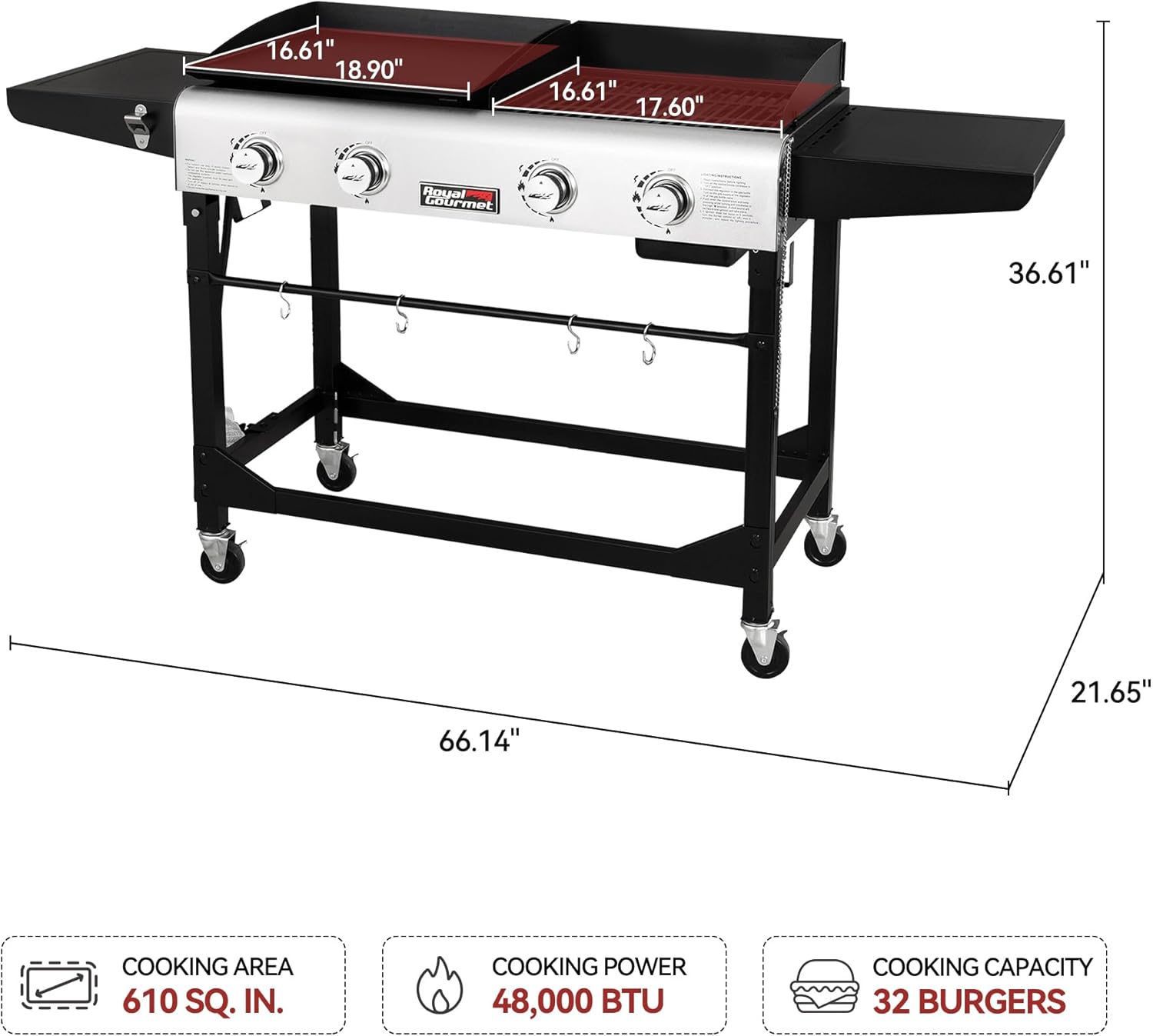 Royal Gourmet GD401C 4-Burner Propane Gas Grill and Griddle Combo with Cover, Griddle Grill Combo with 48,000 BTUs Output for Outdoor Cooking While Camping or Tailgating, Black & Silver