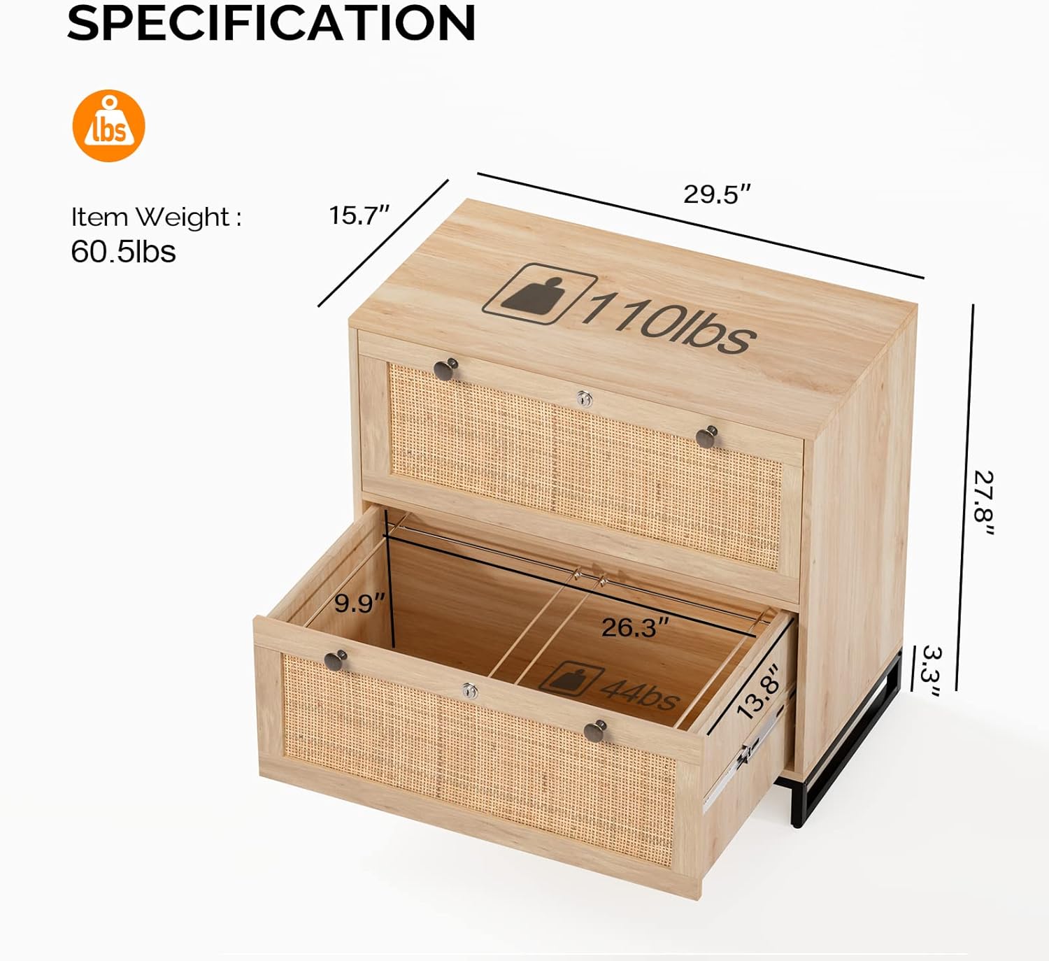 VINGLI Wood Rattan 2-Drawer Lateral File Cabinet with Lock for Home Office, Lockable Filing Cabinet with Rustic Metal Handles for Hanging Letter/A4/Legal Size Labeled Folders, Oak, 30W x 16D x 28H