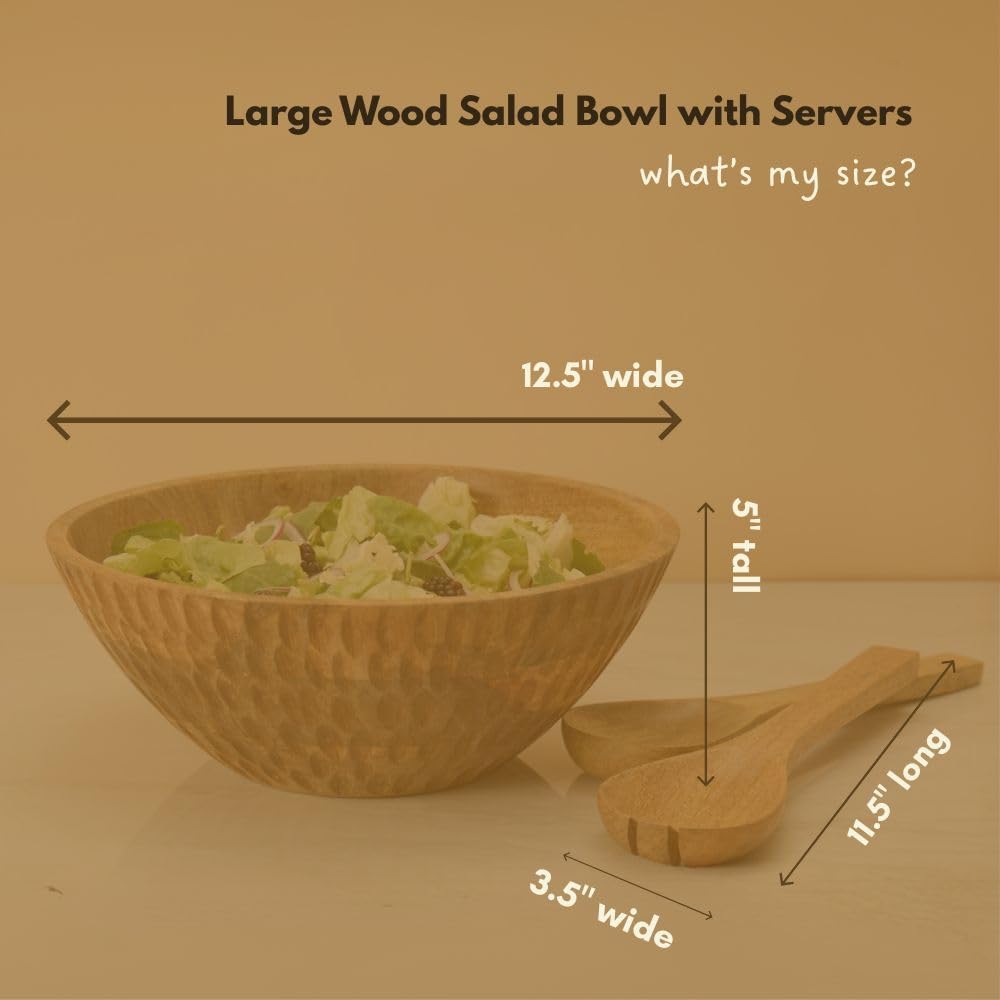 Salad Bowl with Servers, Wooden Bowl, 12.5