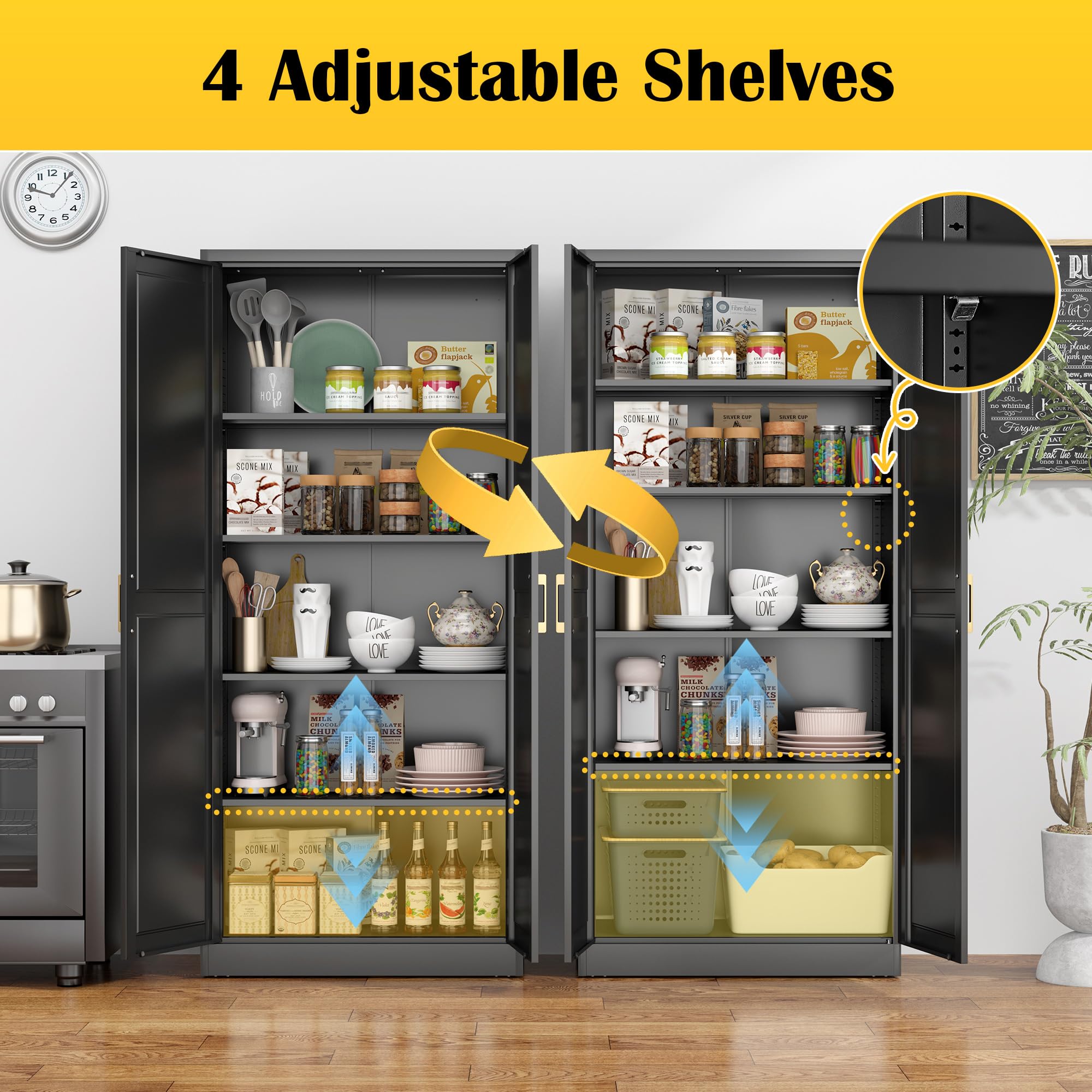 STEELOONG Black Metal Kitchen Pantry Cabinet with Adjustable Shelves