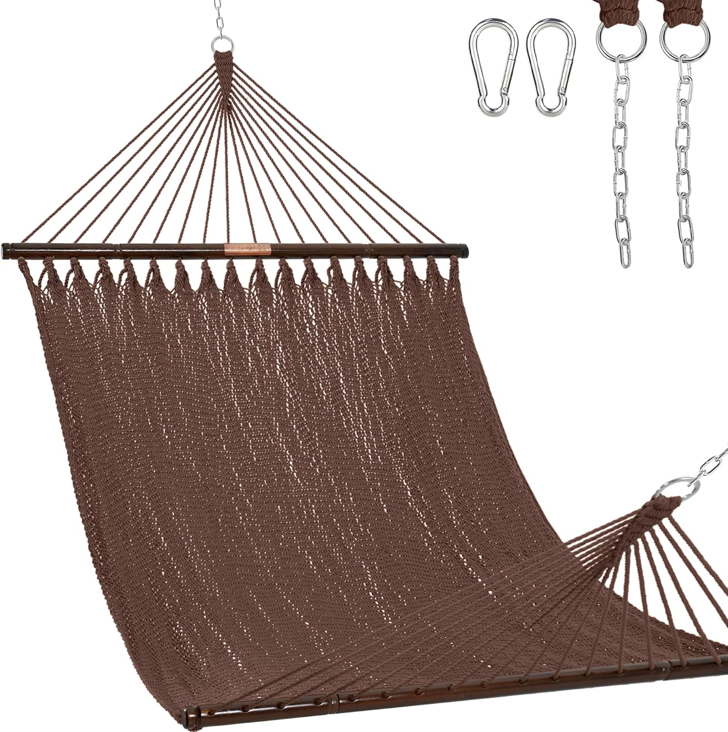 Lazy Daze Hammocks 10.5 FT Double 2 Person Caribbean Rope Hammock, Hand Woven Polyester Hammock with Spreader Bars for Outdoor Backyard Patio Poolside, 450 LBS Capacity, Brown