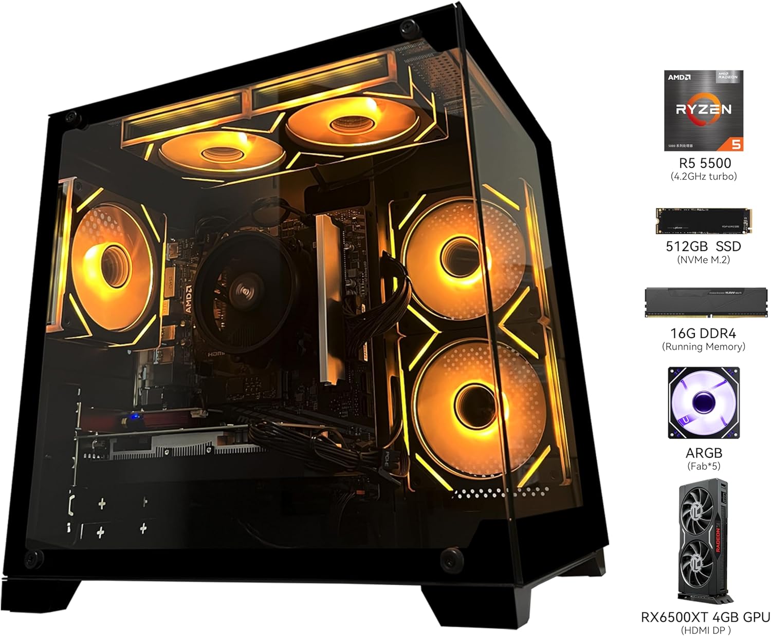 Gaming PC Desktop Computer, AMD Ryzen 5 5500, RX6500XT 4GB Graphics, 16GB DDR4 RAM, 512GB NVMe SSD, ARGB Fans, Game Design Office