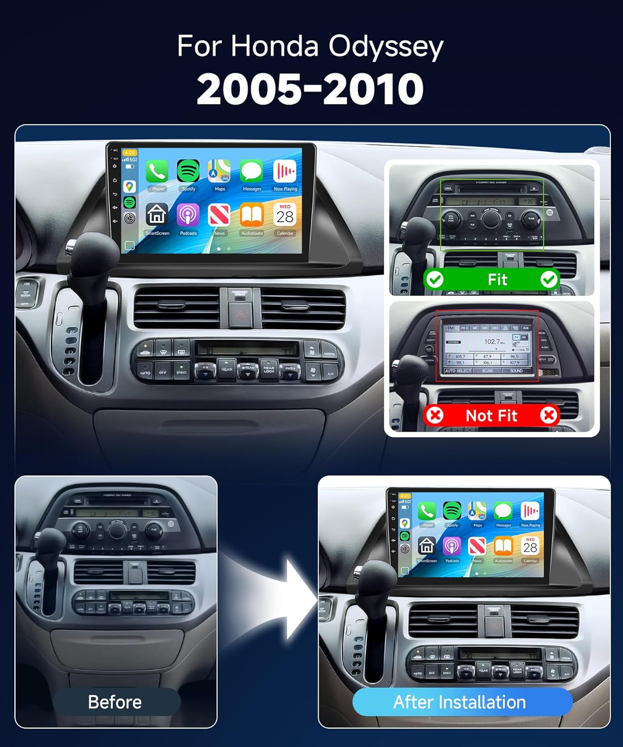 Qualcomm 8Core 4+64G Car Stereo for Honda Odyssey 2005-2010 Wireless CarPlay/Android Auto Android Radio with 10.1