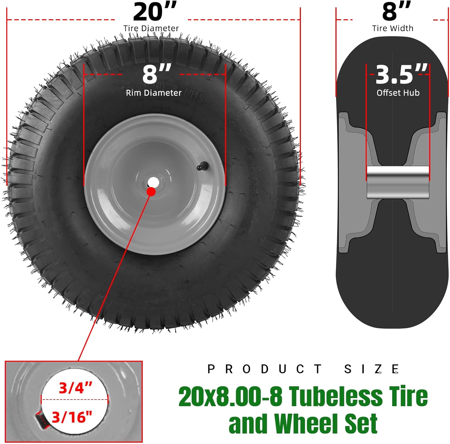 AR-PRO 20x8.00-8 Rear Tire and Wheel Assemblies for Riding Lawn Mowers - 3/4