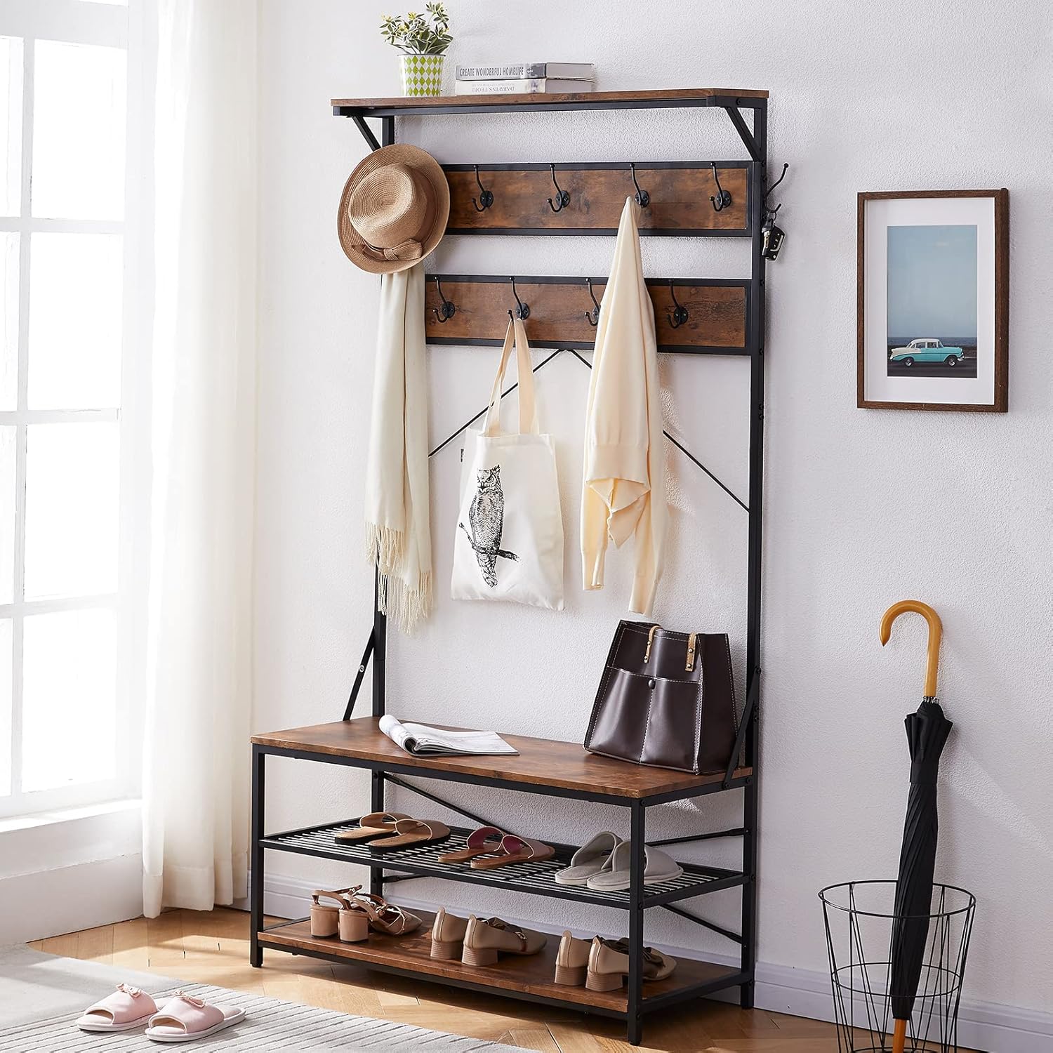 3-in-1 Entryway Coat Rack,Vintage Industrial Hall Tree 72 Inch with Storage Bench and Coat Racks Entryway Storage Shelf Organizer with 9 Hooks . Large Size, Wood Look Accent Furniture with Metal Frame