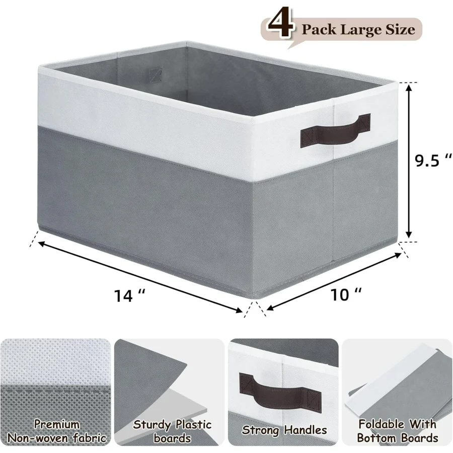 4 Pack Large Storage Baskets for Shelves | Fabric Closet Organizers and Storage Bins with Handles Home Organization | Decorative Collapsible Baskets for Organizing Clothes Toy Nursery 14x10