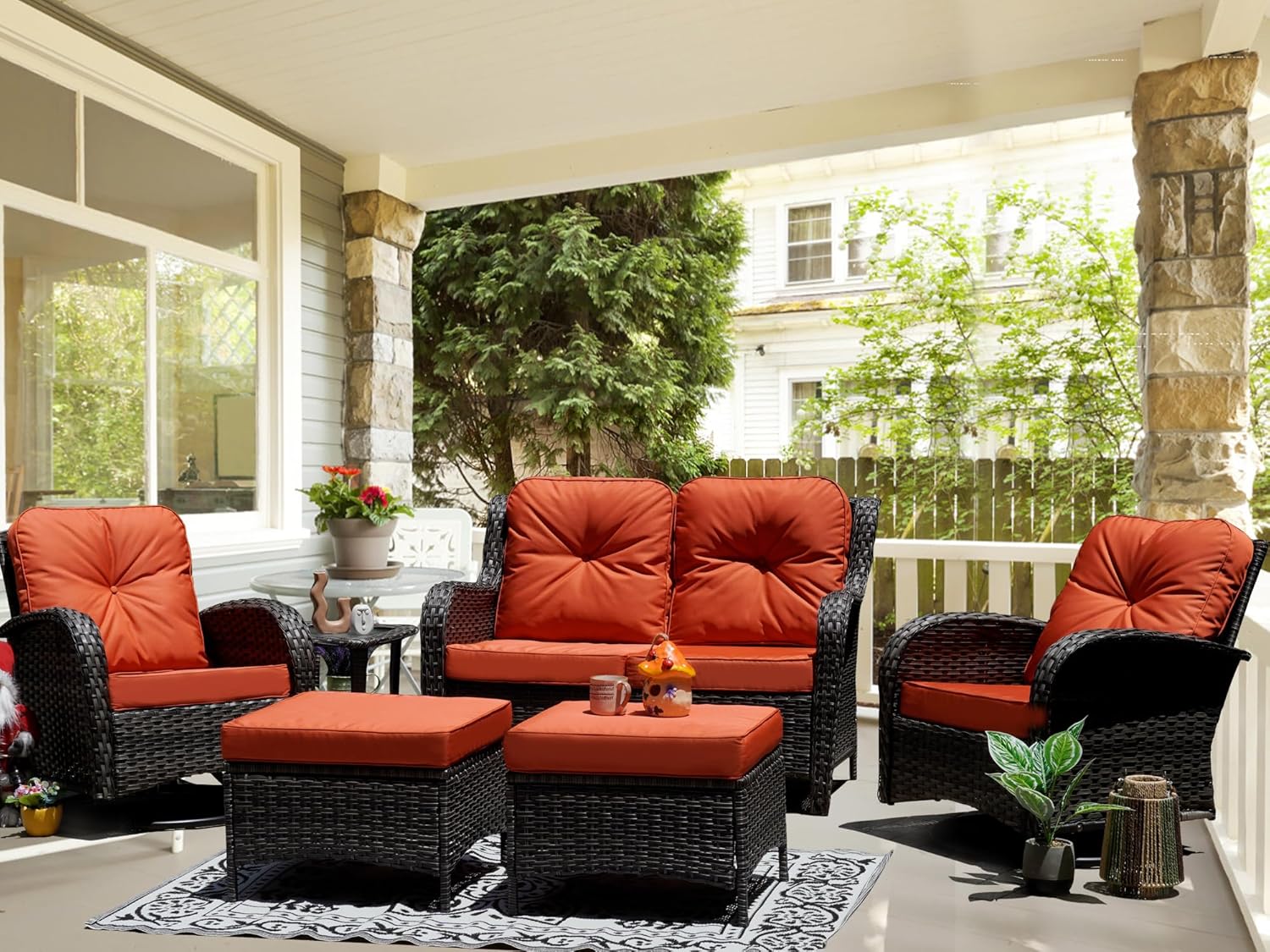 Patio Furniture Conversation Set with Ottomans, 6 Piece Wicker Patio Swivel Rocking Chairs with 360° Swivel Glider and Glass Coffee Table for Porch, Deck, Garden,Red