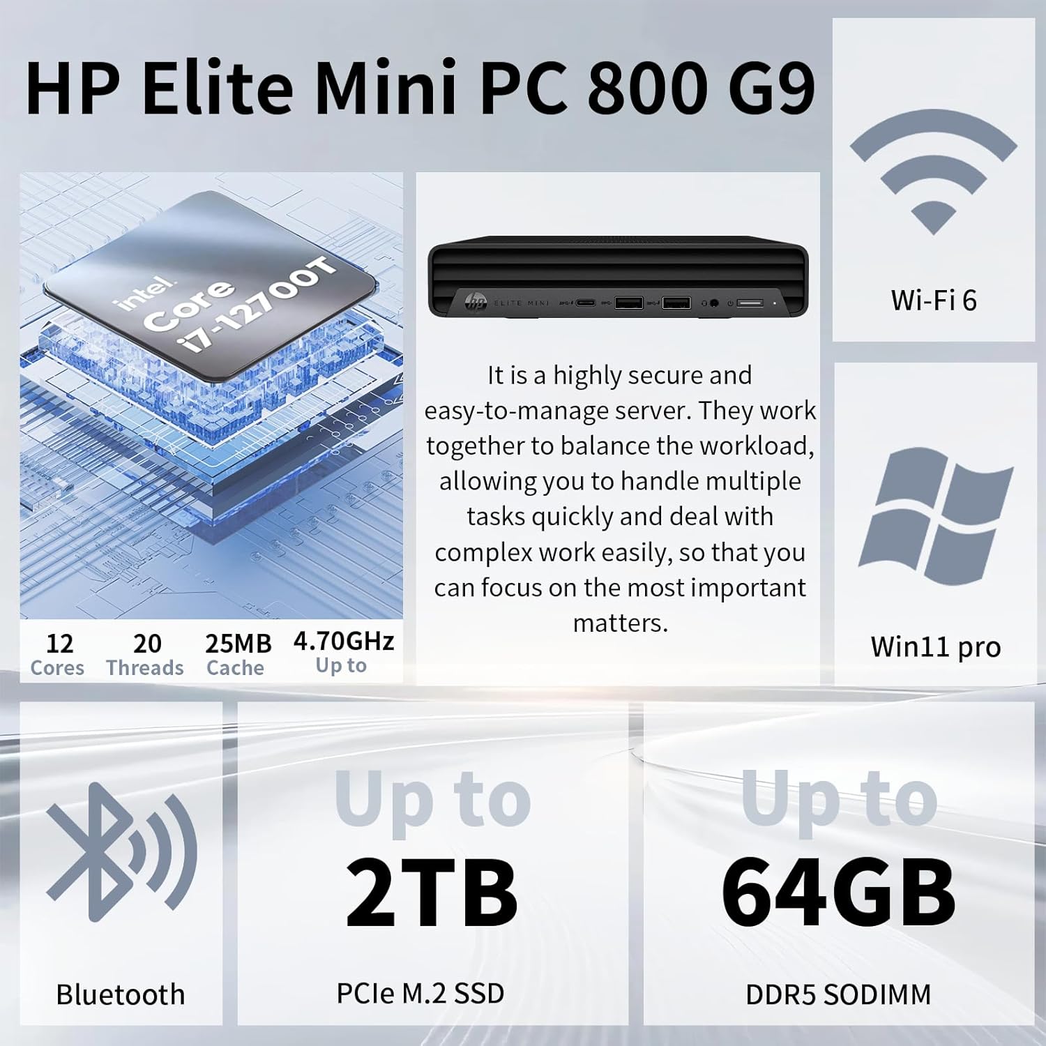 HP Elite 800 G9 MFF Business Desktop, Intel i7-12700T, 16GB DDR5, 512GB SSD, Conference PC, Support 3-Monitor 4K, USB-C, HDMI, Wi-Fi 6E, DP, RJ-45, Windows 11 Pro, Bundle ADATA 64GB Flash Drive