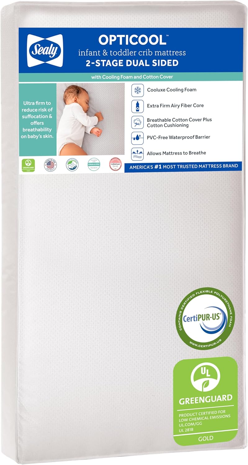 Sealy Baby OptiCool Breathable Crib Mattress, GREENGUARD GOLD Certified, Made in USA, Toddler Bed Fit, 2 Stage Cooling Memory Foam, Non Toxic, Airy Cotton Cover, Safety & Quality Tested, 52x28
