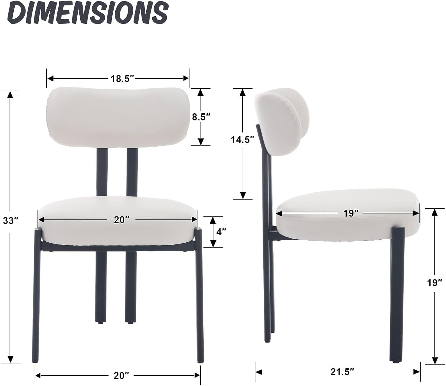 LukeAlon Faux Leather Dining Chairs Set of 6, Modern Curved Back Armless Kitchen Chairs with Black Metal Legs Upholstered Dining Room Chairs Reception Guests Chair for Restaurant Office, White
