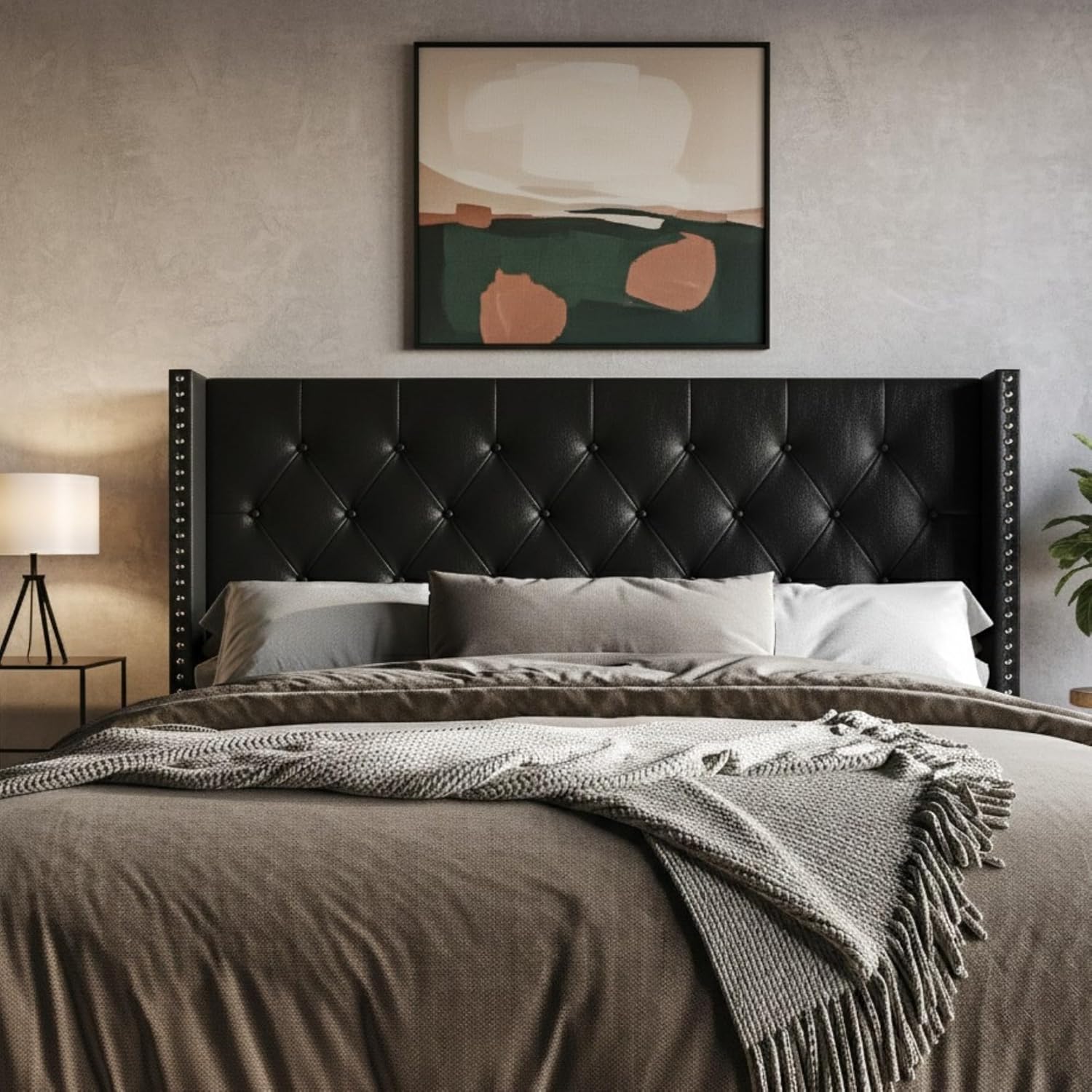 HOME DESIGN Sonoma King Tufted Upholstered Headboard, Wingback Design with Nailhead Trim and Foam Padding, Black