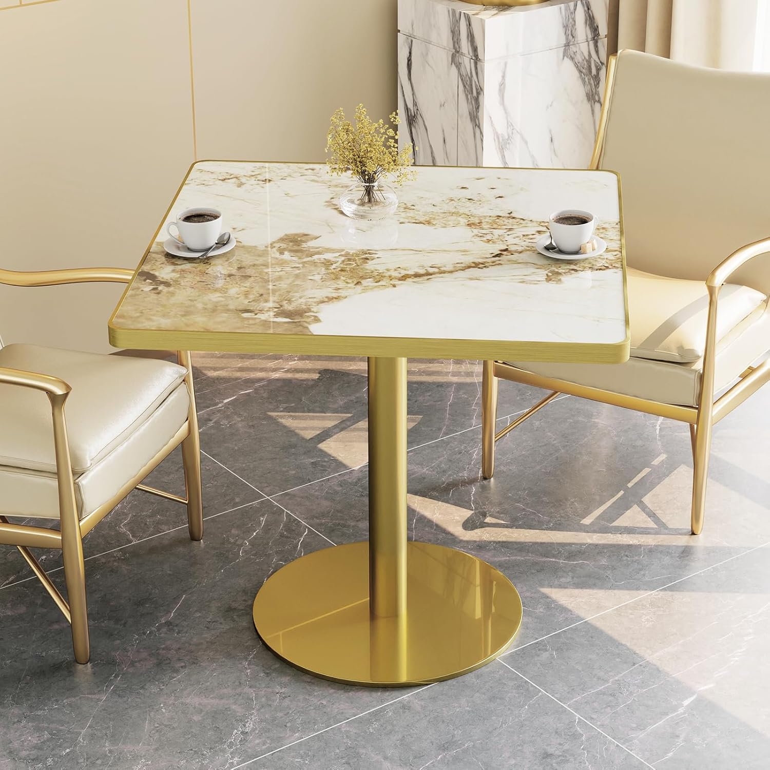 31.5'' Square Modern Dinning Table with Sintered Stone Tabletop, Golden Edge & Pedestal Base, Bistro Tulip Table for 2-4 Person for Dining Room/Cafe/Small Spaces/Restaurant (Platinum Cloud)