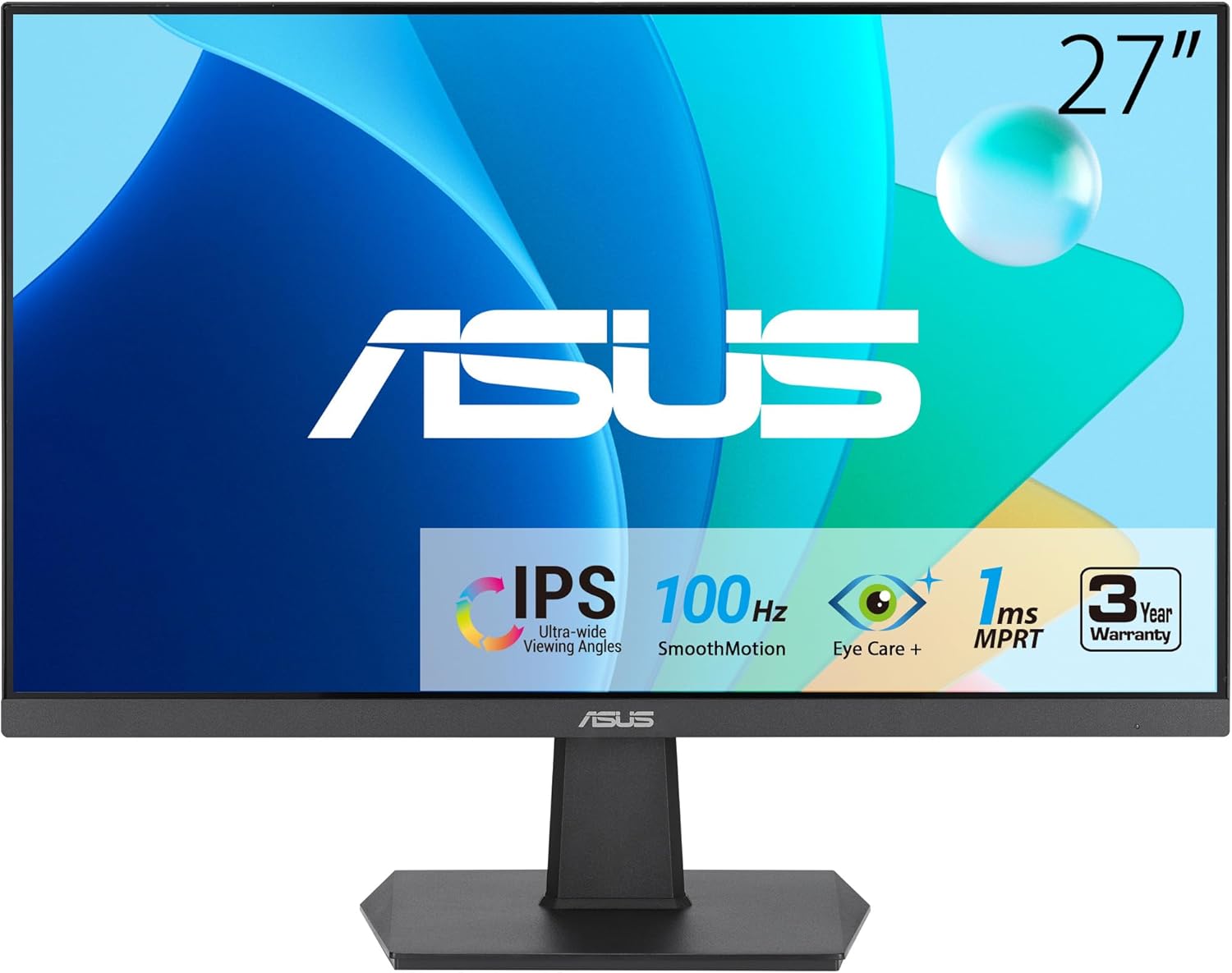 ASUS 27 Inch Monitor - 1080P, IPS, Full HD, Frameless, 100Hz, 1ms, Adaptive-Sync, for Working and Gaming, Low Blue Light, Flicker Free, HDMI, VESA Mountable, Tilt - VA27EHF