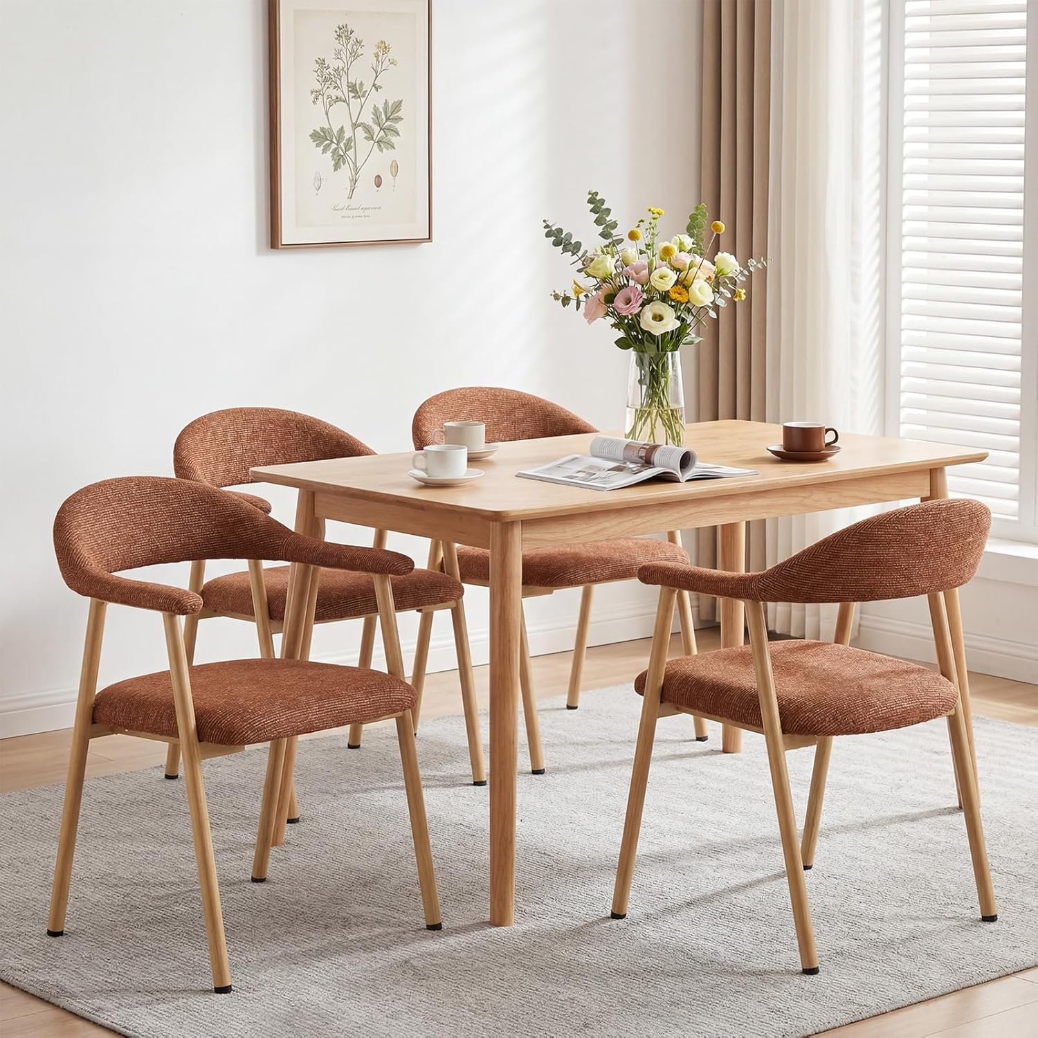 DUMOS Dining Chairs Set of 4, Linen Fabric Upholstered Kitchen Side Chairs with Curved Backrest & Metal Legs, Modern Farmhouse Accent Chairs for Dining Room Kitchen Living Room Cafe, Orange