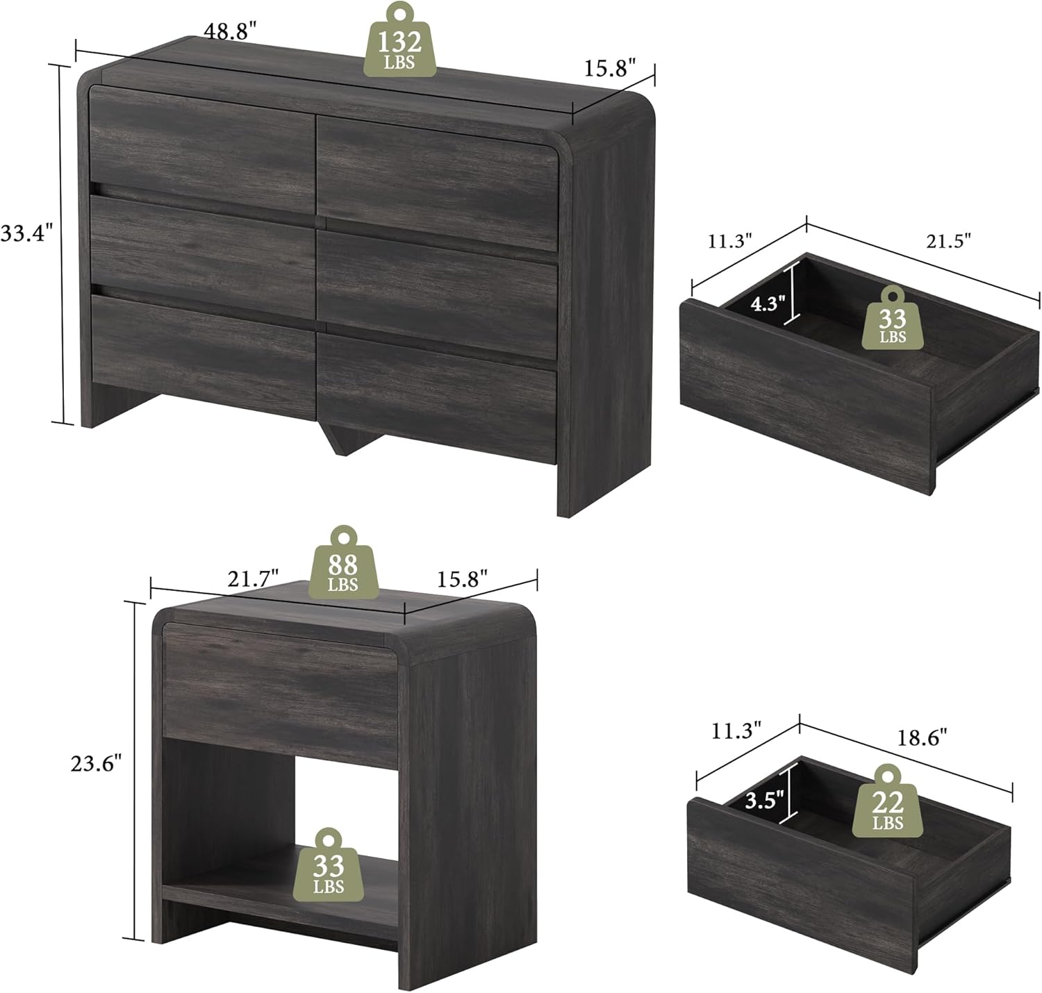 AMERLIFE Modern 3-Piece Bedroom Furniture Set with 6-Drawer Dresser and 2 Nightstands, Large Storage Capacity, Rounded Corners, Flexible Combination Design, Anti-Tip Kit Included, Black