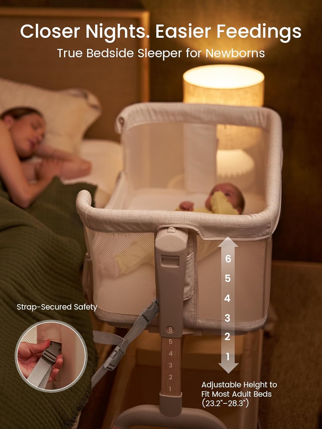 GROWNSY 5-in-1 Baby Bassinet Bedside Sleeper with Gentle Rocking Mode, 6 Adjustable Heights, Full Breathable Mesh, Convertible to Portable Crib, Bassinets with Mattress & Wheels, Beige