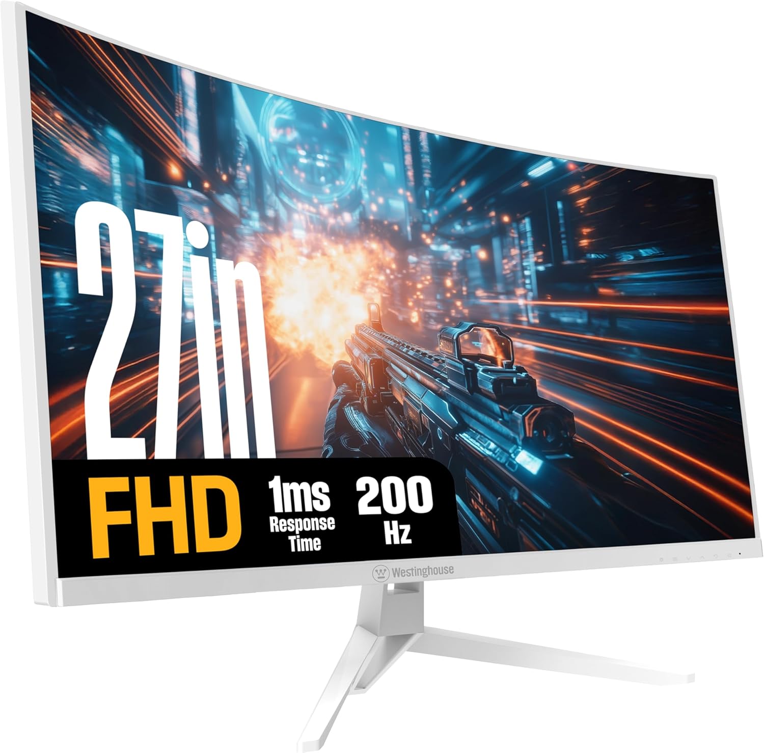 Westinghouse 27 Inch Curved Gaming Monitor, 200Hz, 1ms, FHD 1080P, 3000:1 Contrast Ratio, 118% sRGB, 1500R, AMD FreeSync, Eyecare, for PC Games with Built-in Speakers, DisplayPort, HDMIx2-White